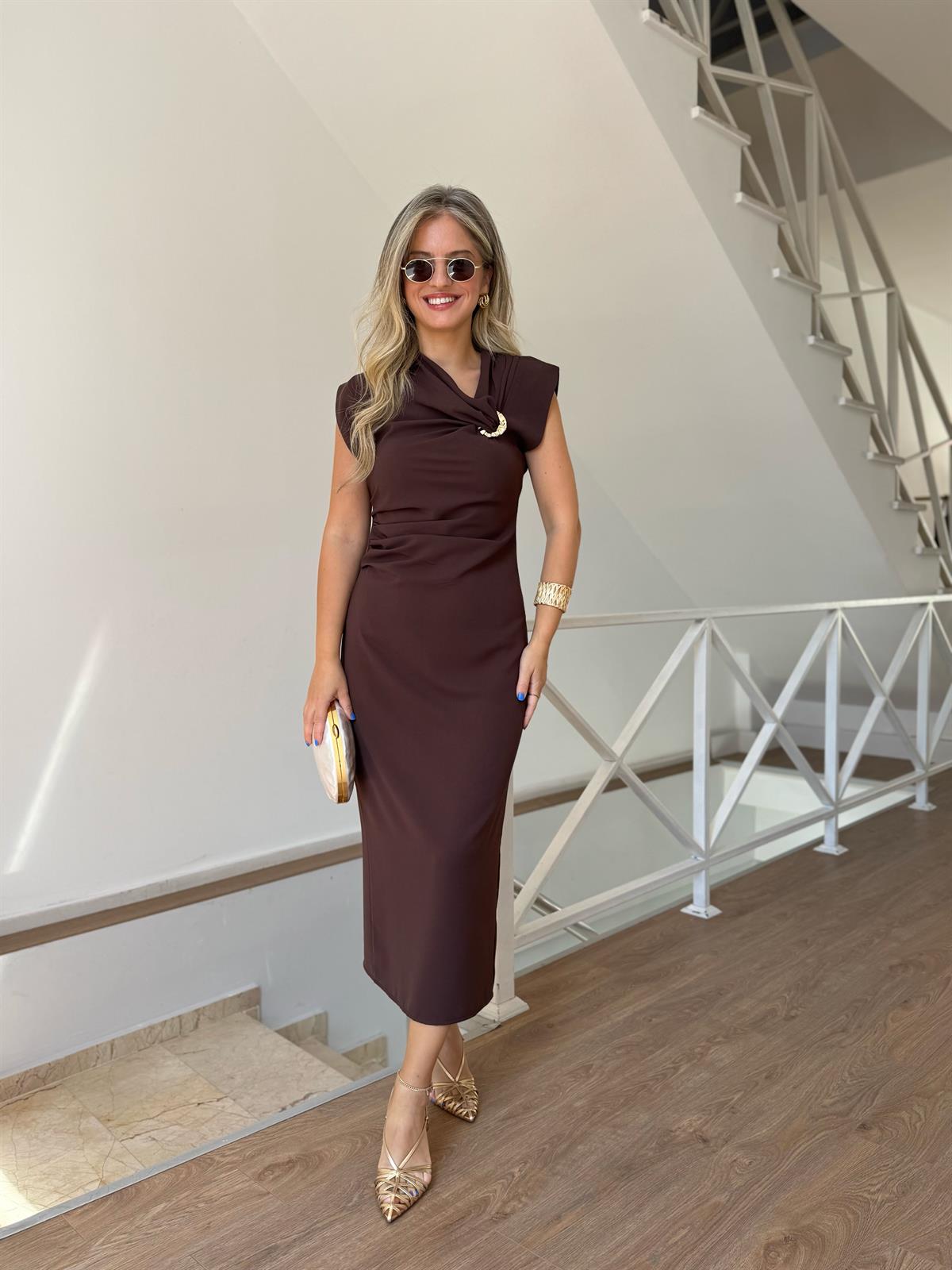 Toka Detaylı Drapeli Midi Elbise - Kahverengi