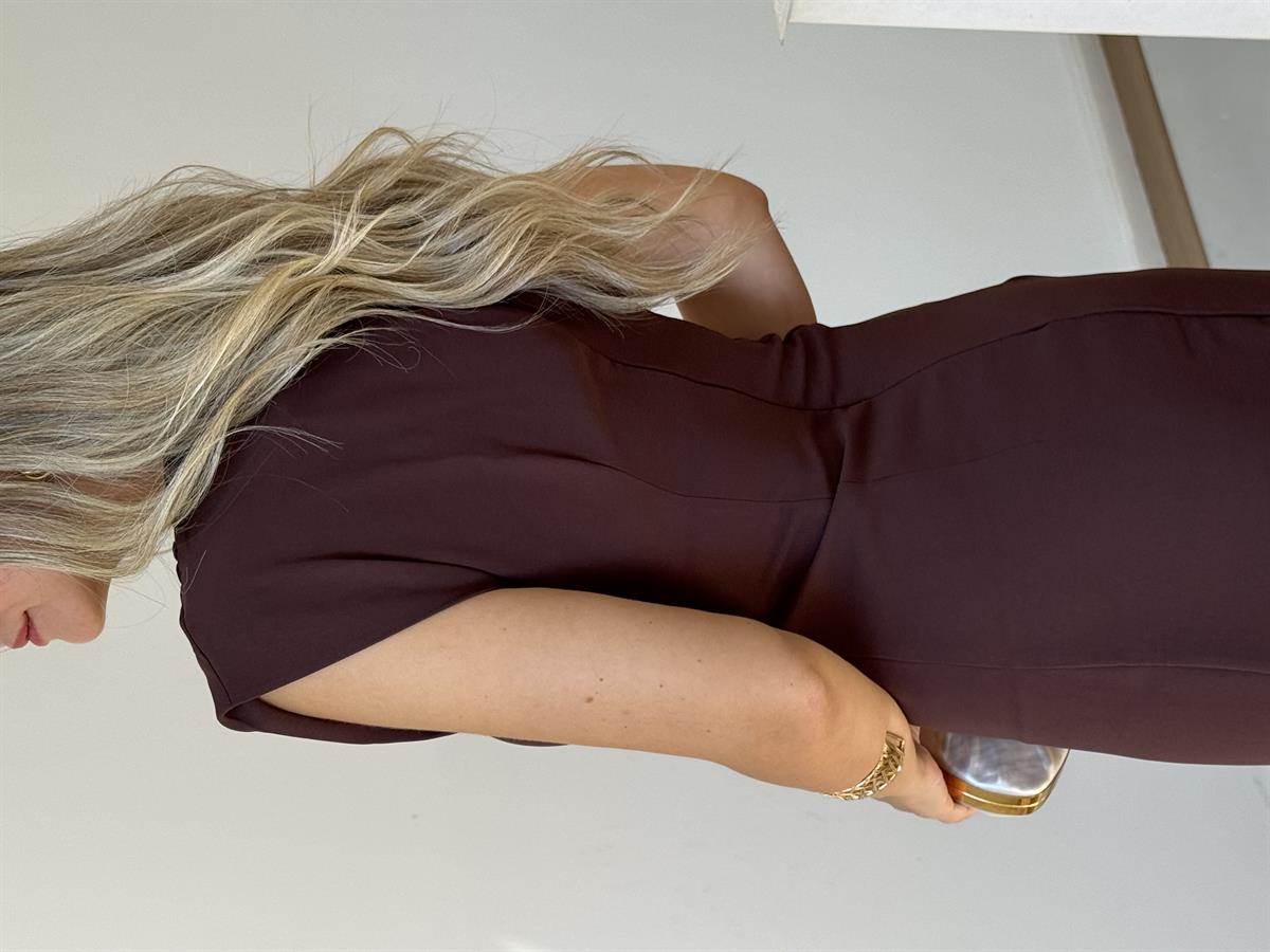 Toka Detaylı Drapeli Midi Elbise - Kahverengi