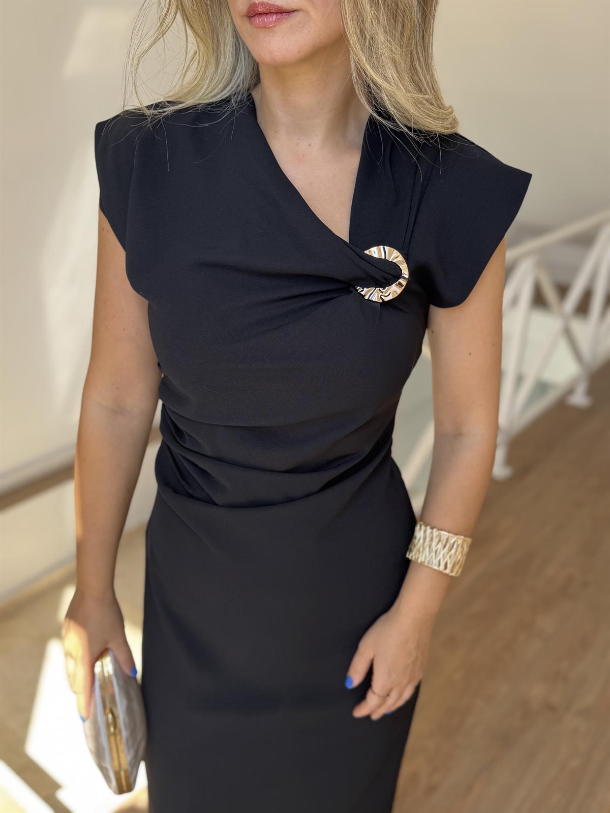 Toka Detaylı Drapeli Midi Elbise - Siyah