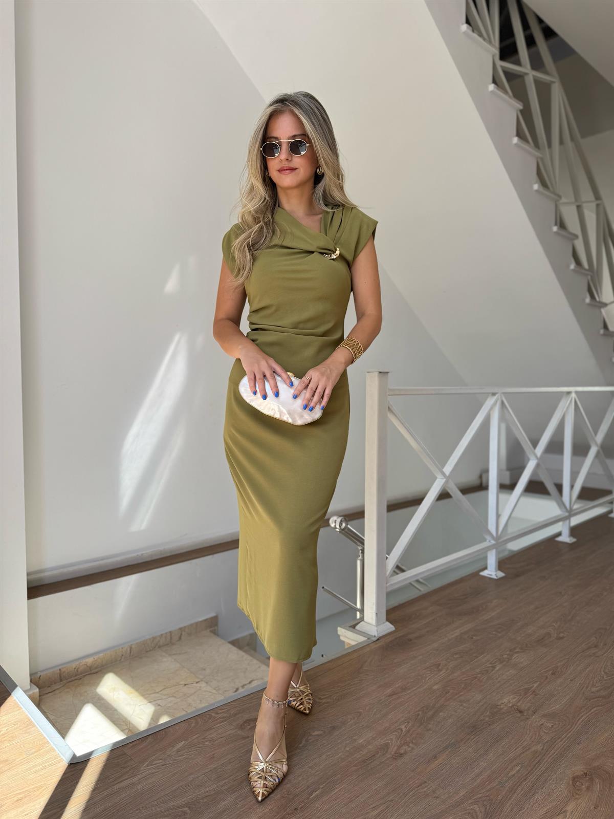 Toka Detaylı Drapeli Midi Elbise - Yağ Yeşili