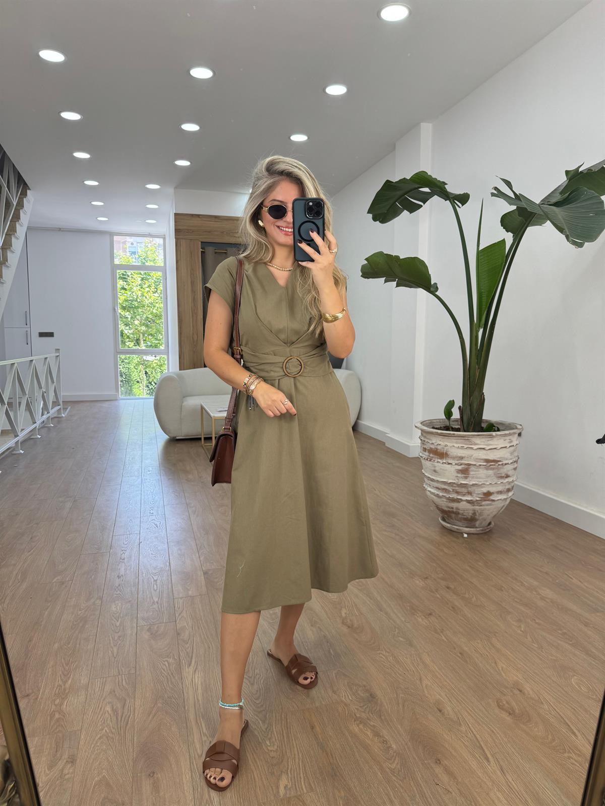 Toka Detaylı Keten Midi Elbise-Haki