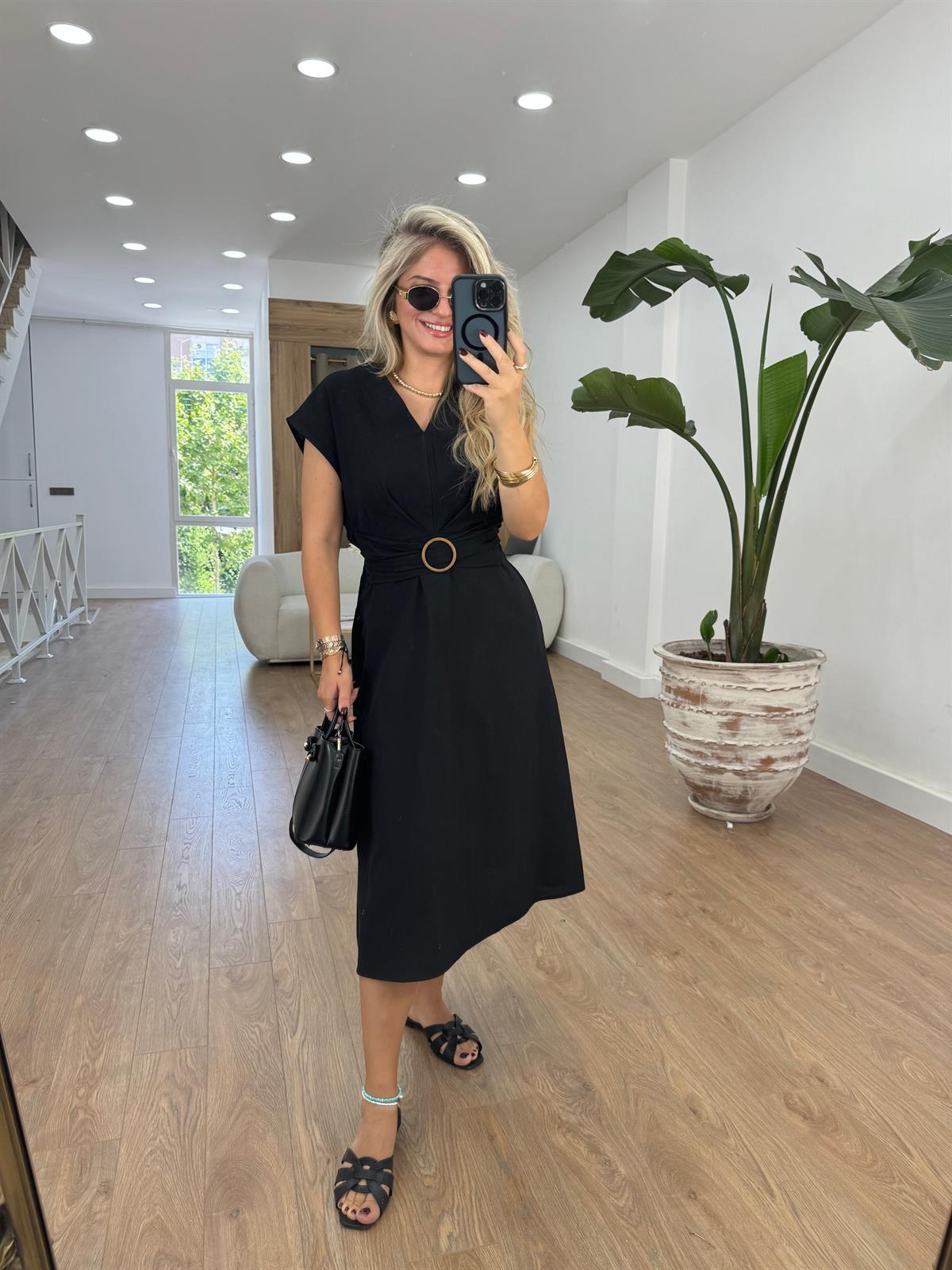 Toka Detaylı Keten Midi Elbise-Siyah