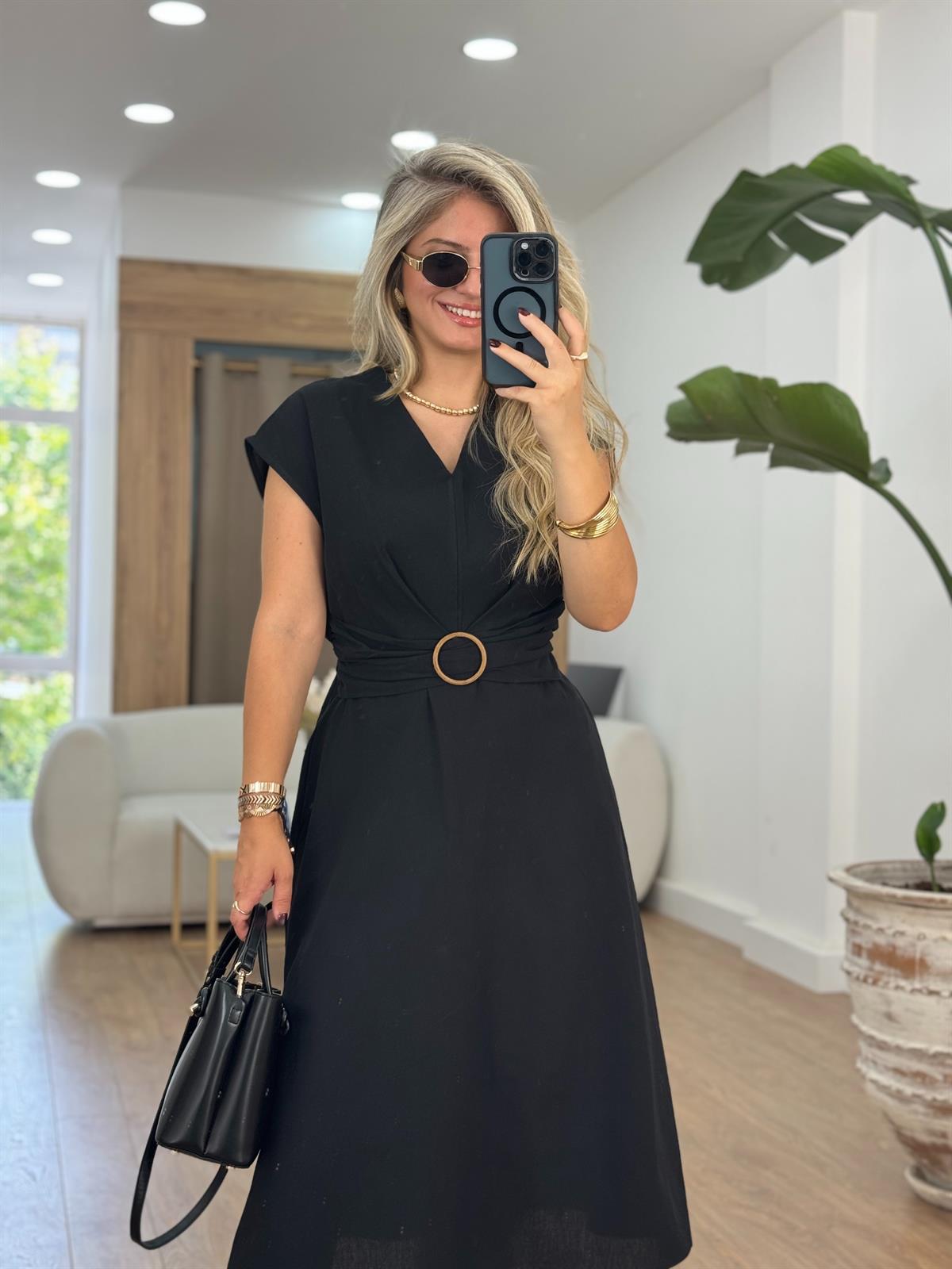 Toka Detaylı Keten Midi Elbise-Siyah