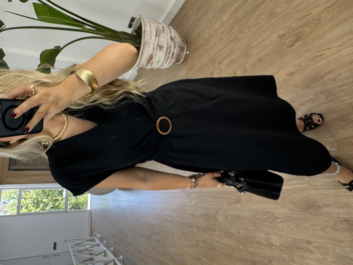 Toka Detaylı Keten Midi Elbise-Siyah