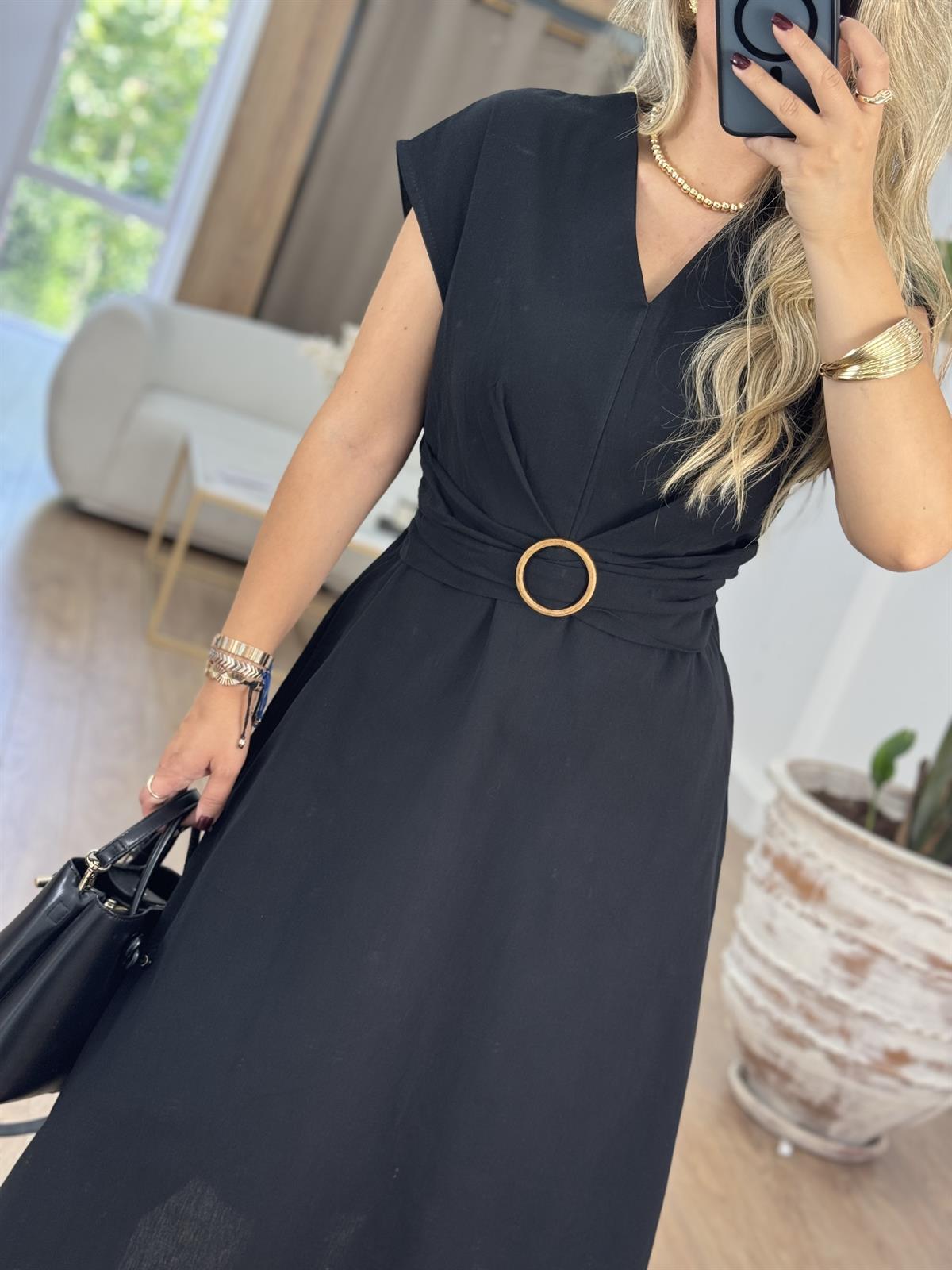 Toka Detaylı Keten Midi Elbise-Siyah