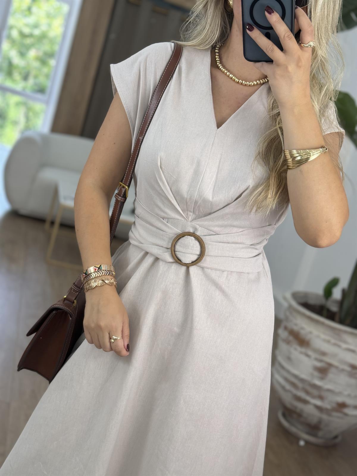 Toka Detaylı Keten Midi Elbise-Taş