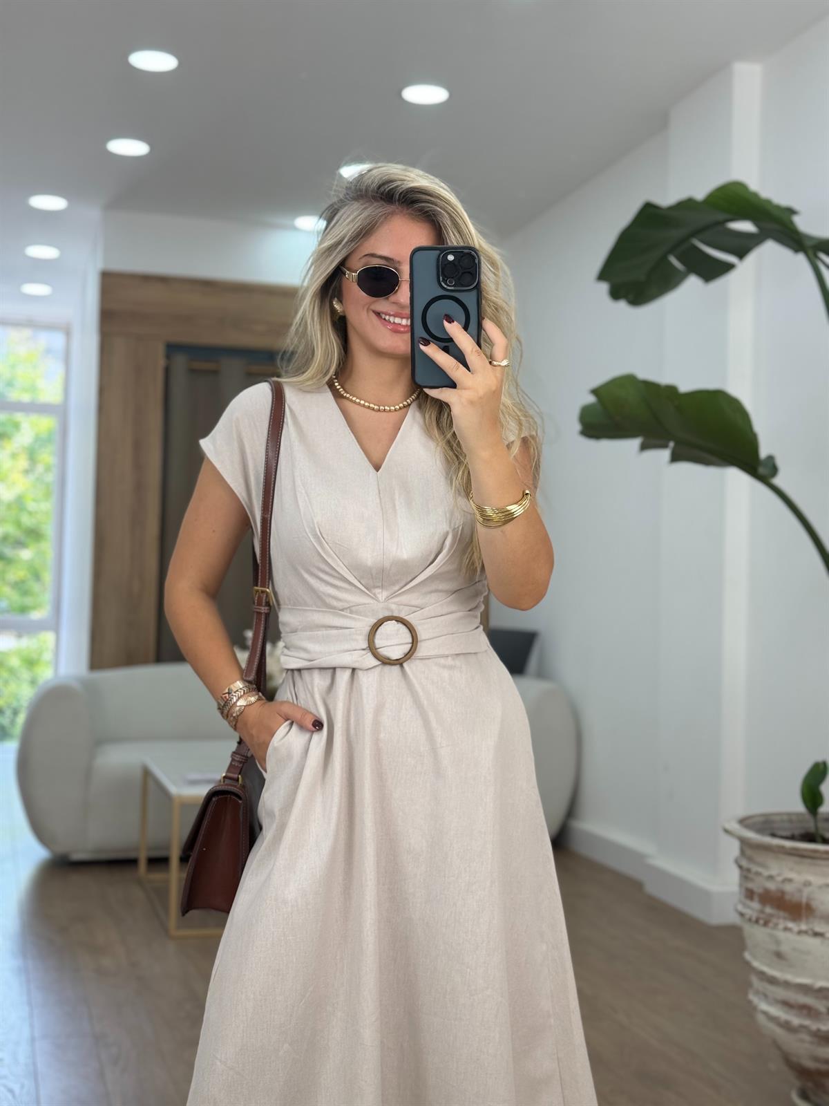 Toka Detaylı Keten Midi Elbise-Taş