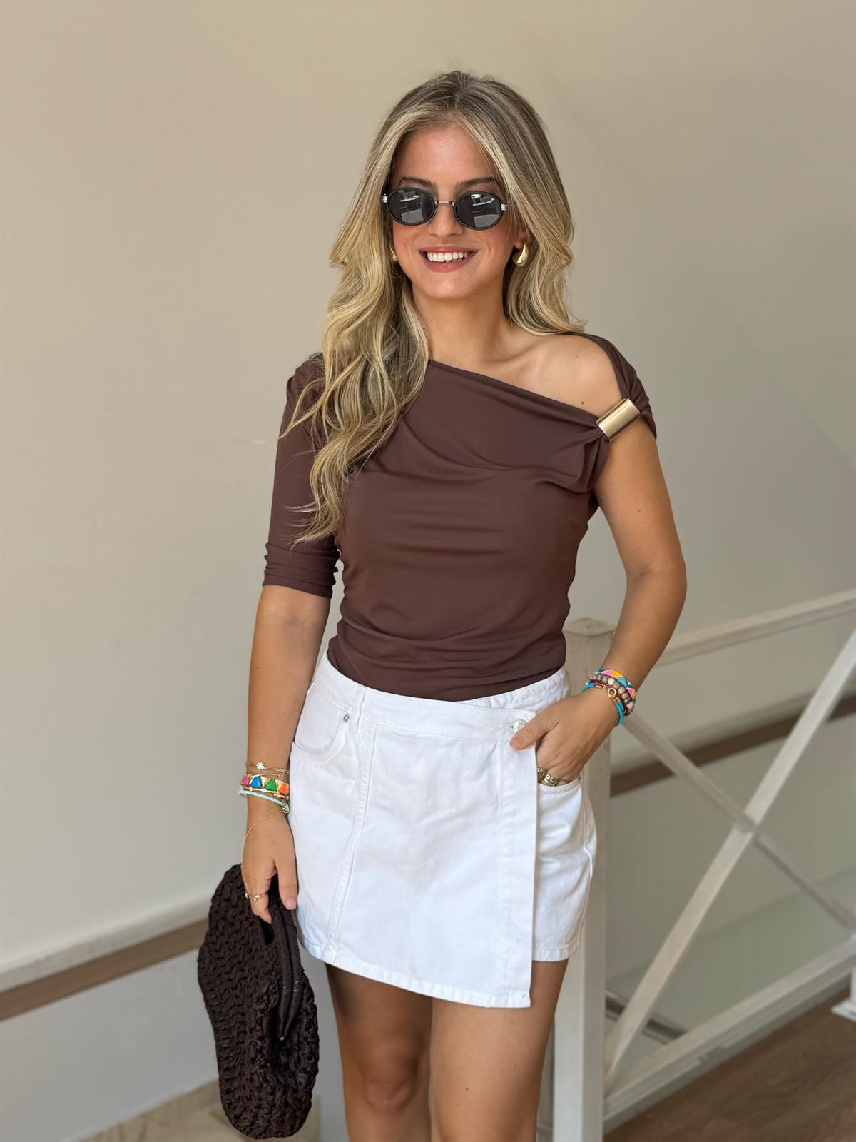 Toka Detaylı Tasarım Bluz - Kahve 