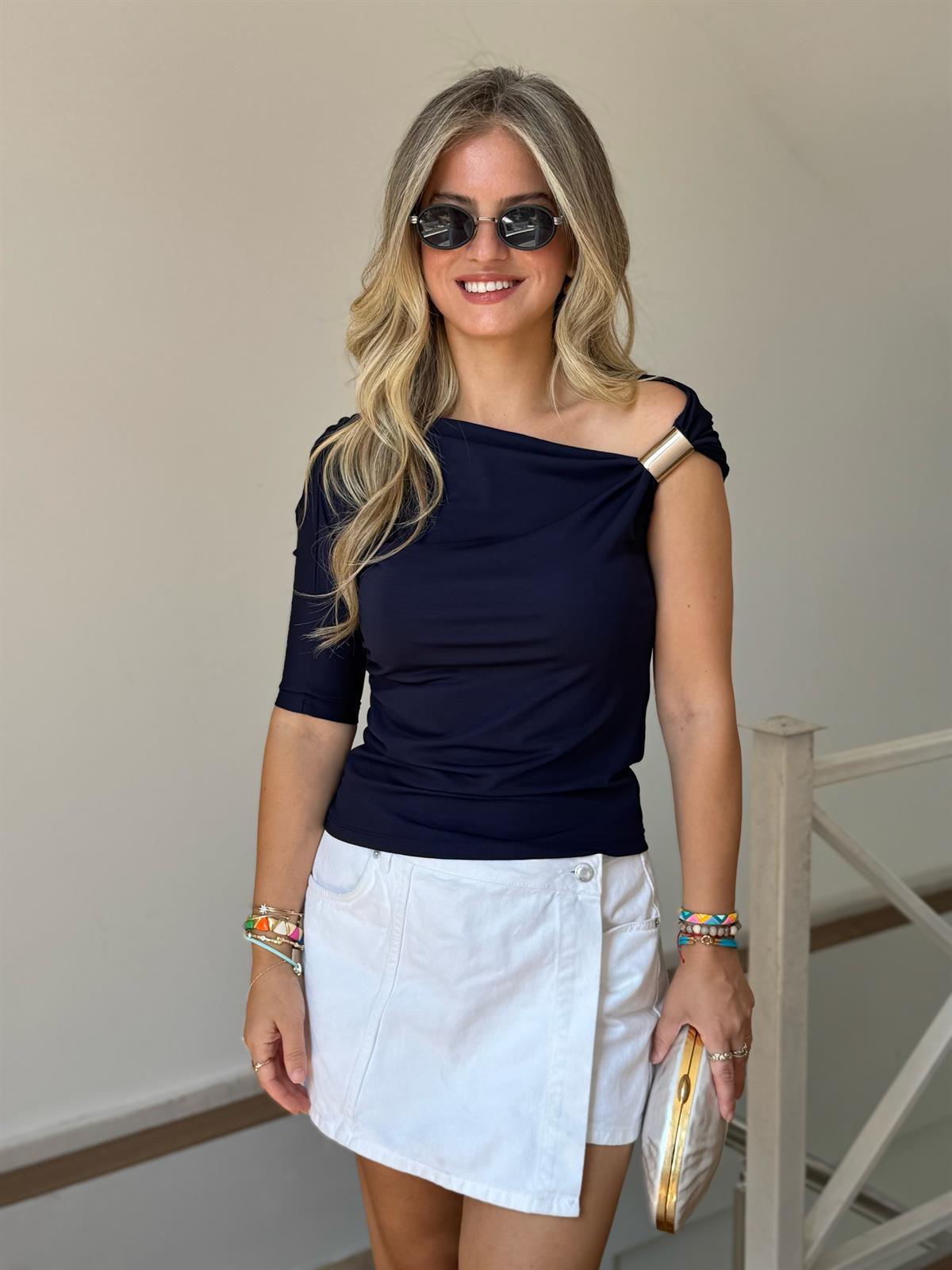 Toka Detaylı Tasarım Bluz - Lacivert