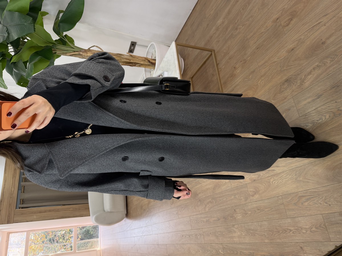 Tokyo Beli Kuşaklı Midi Kaşe Kaban - Antrasit