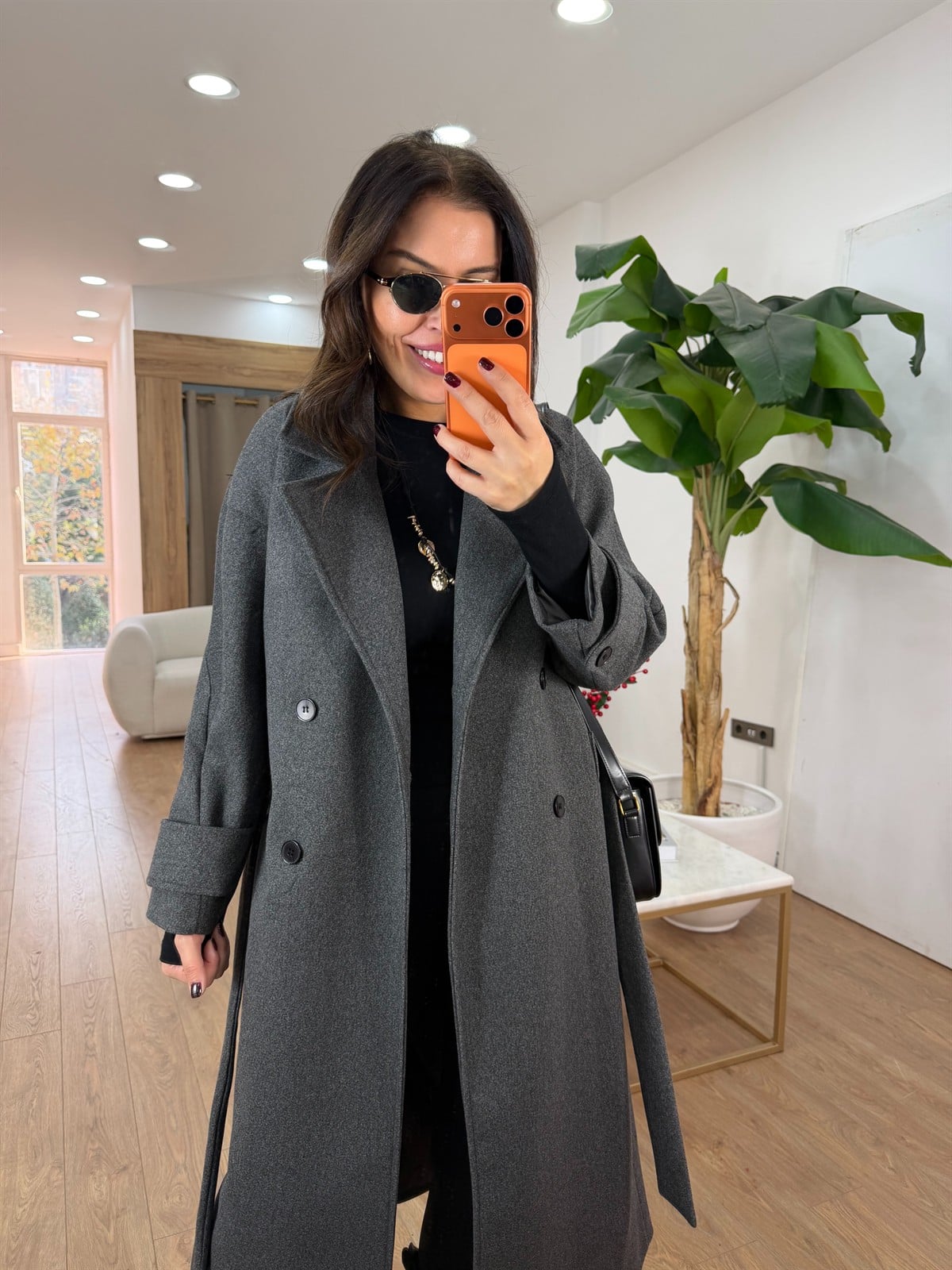 Tokyo Beli Kuşaklı Midi Kaşe Kaban - Antrasit