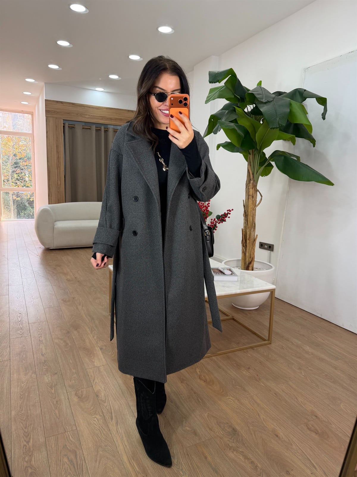 Tokyo Beli Kuşaklı Midi Kaşe Kaban - Antrasit