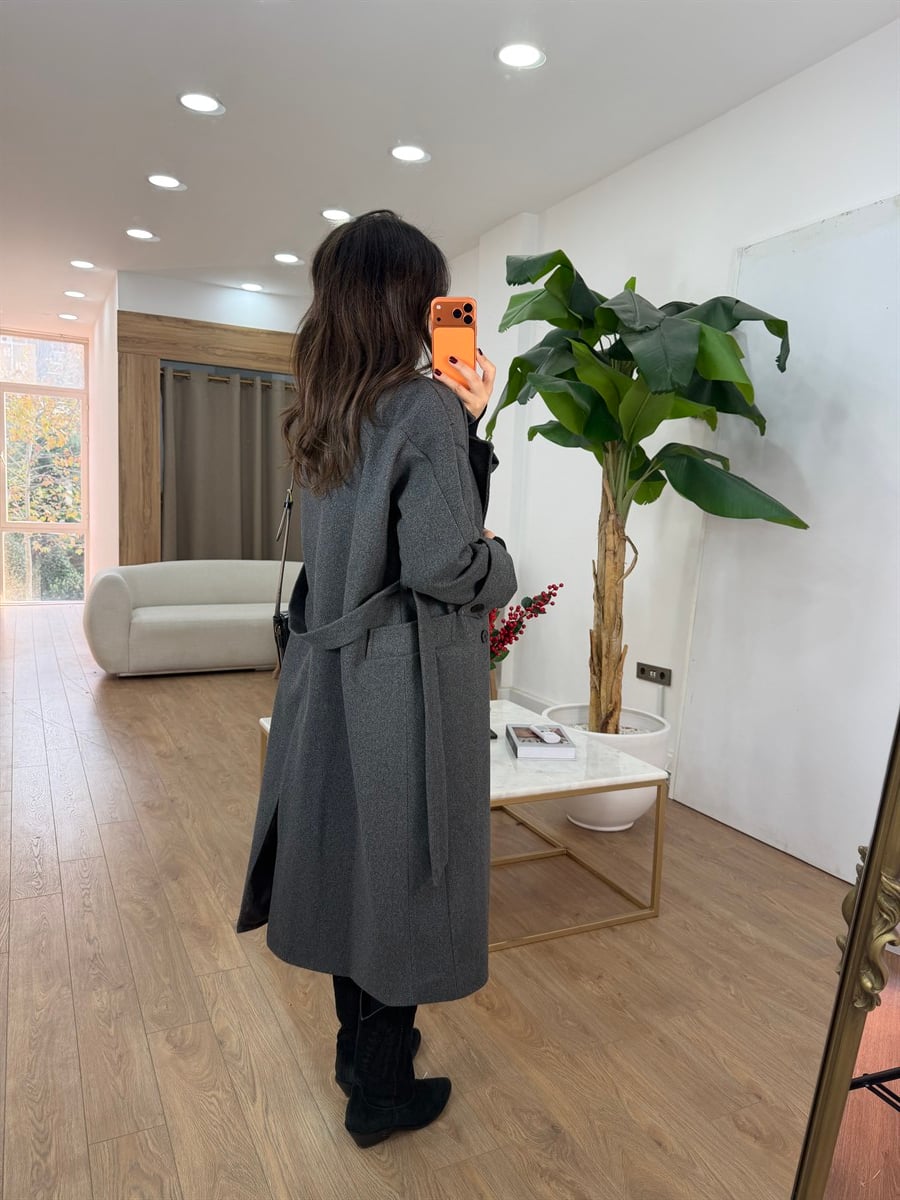 Tokyo Beli Kuşaklı Midi Kaşe Kaban - Antrasit