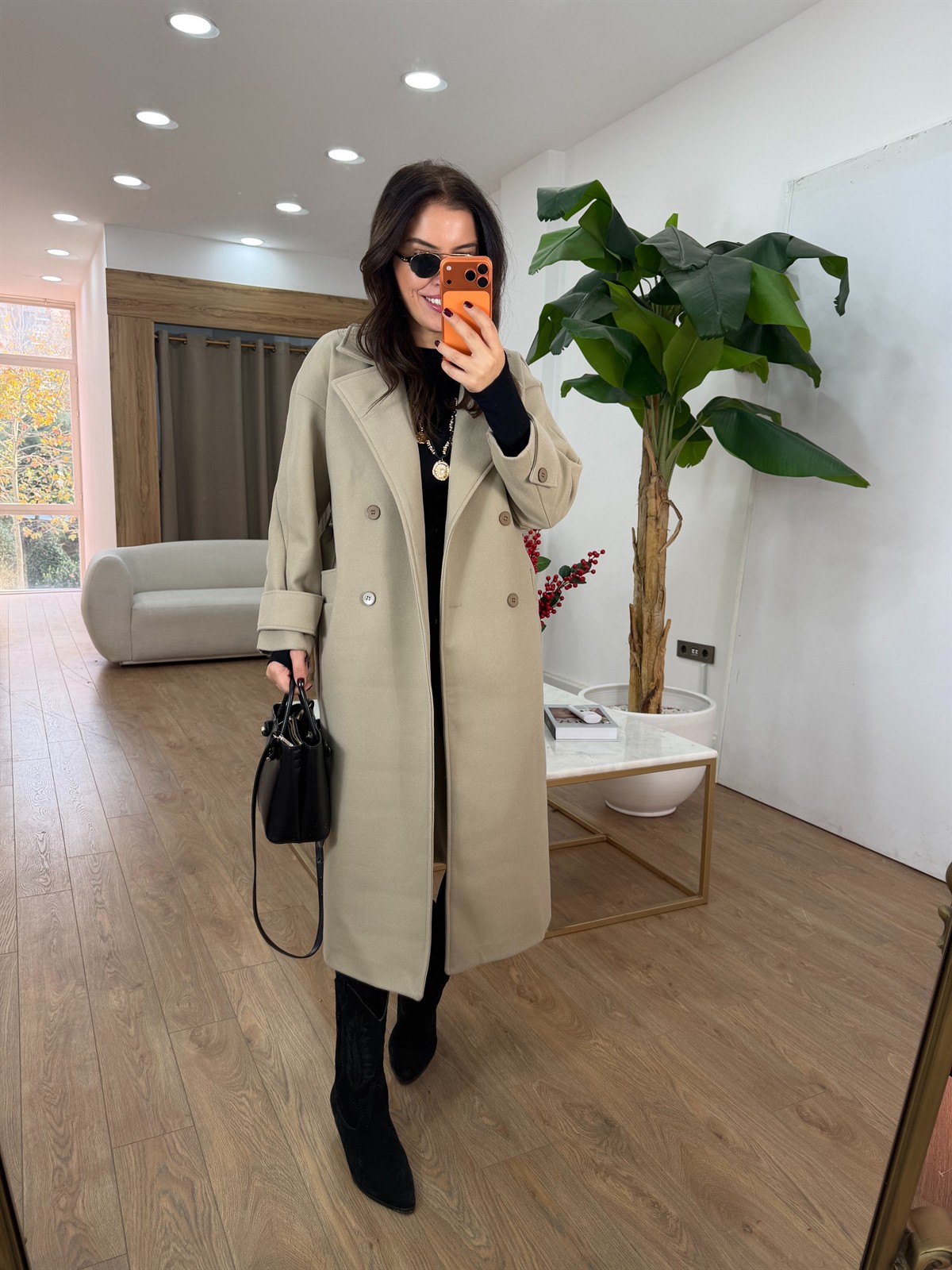 Tokyo Beli Kuşaklı Midi Kaşe Kaban - Bej 