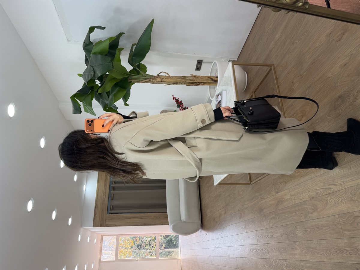 Tokyo Beli Kuşaklı Midi Kaşe Kaban - Bej 