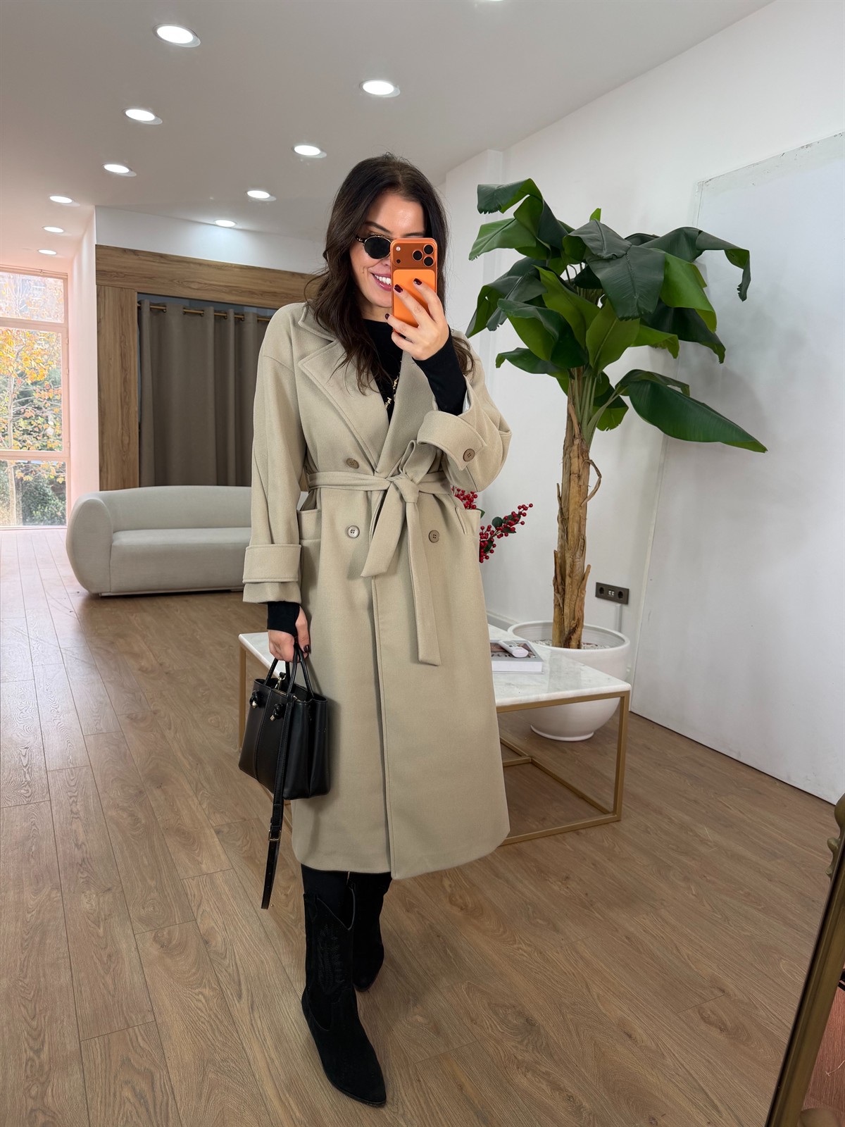 Tokyo Beli Kuşaklı Midi Kaşe Kaban - Bej 