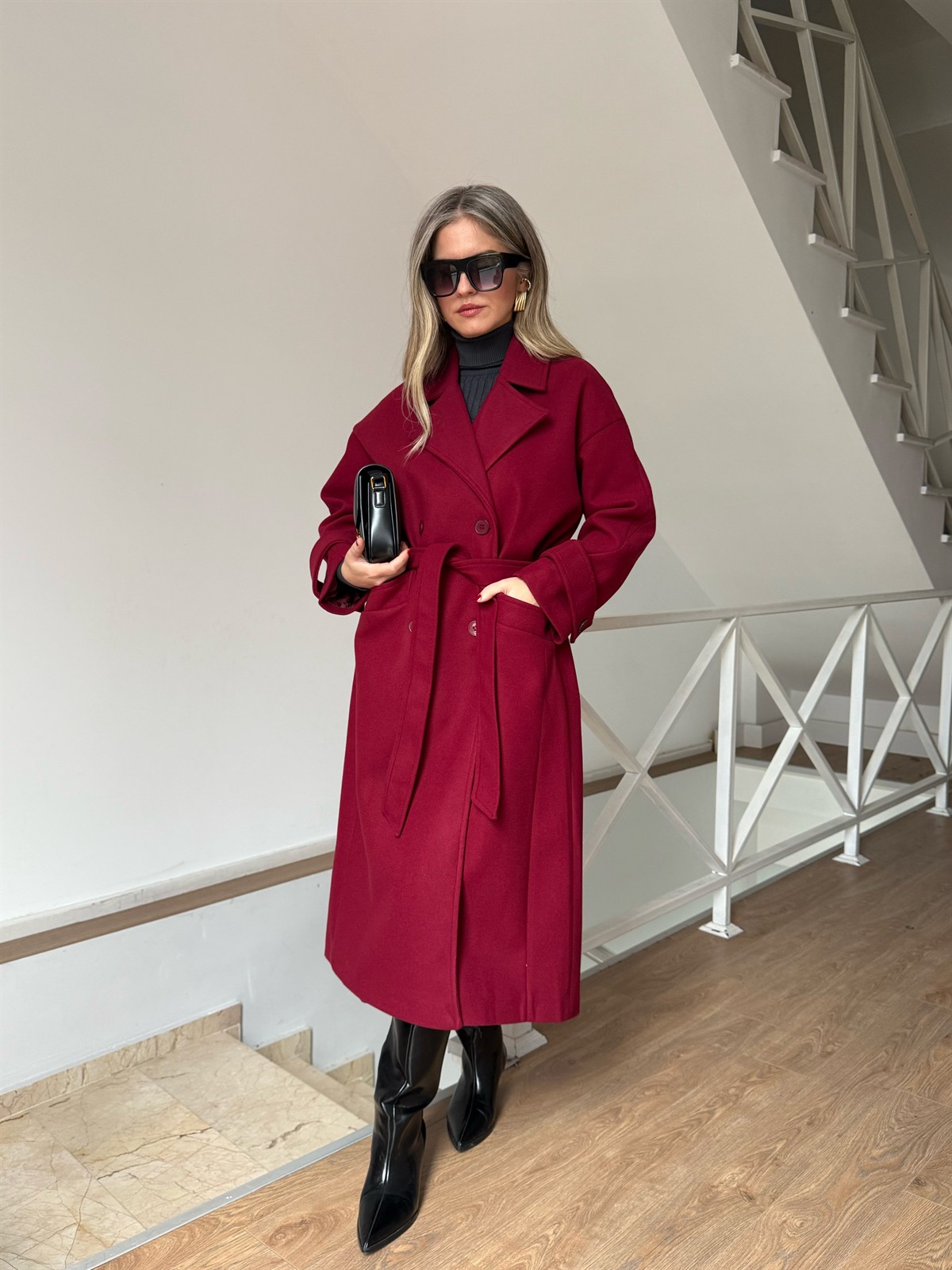 Tokyo Beli Kuşaklı Midi Kaşe Kaban - Bordo