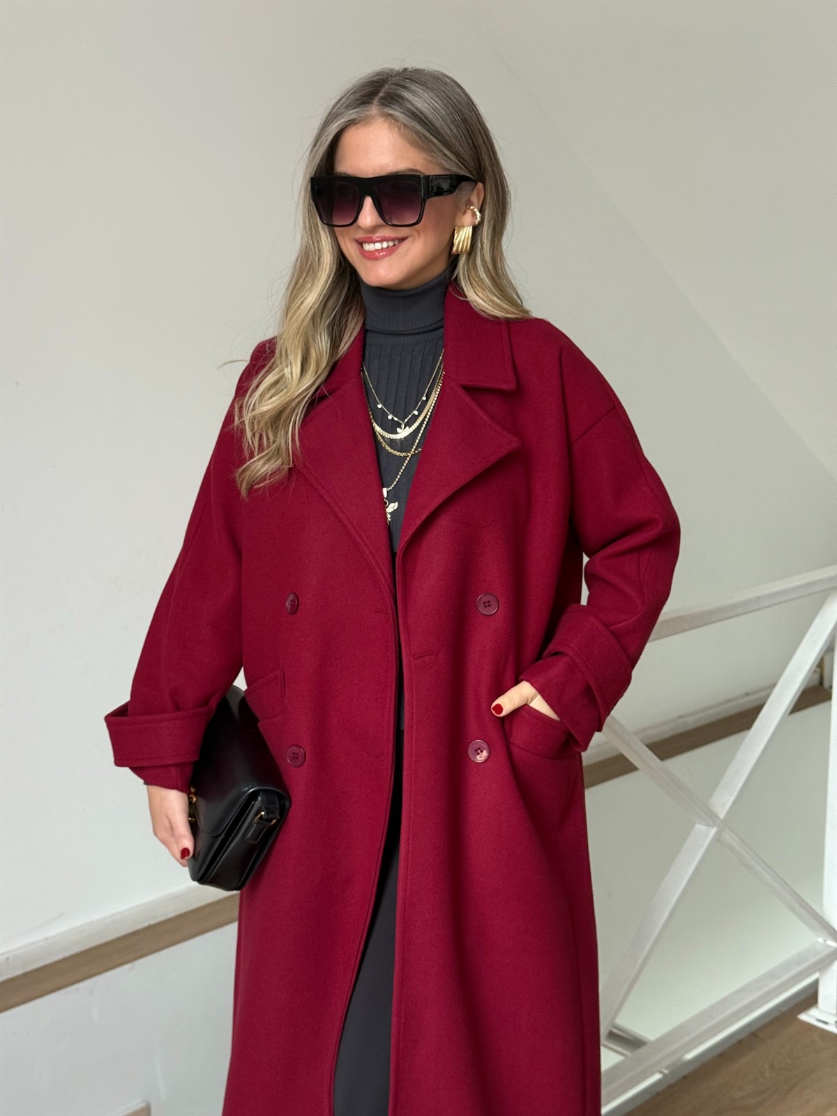 Tokyo Beli Kuşaklı Midi Kaşe Kaban - Bordo