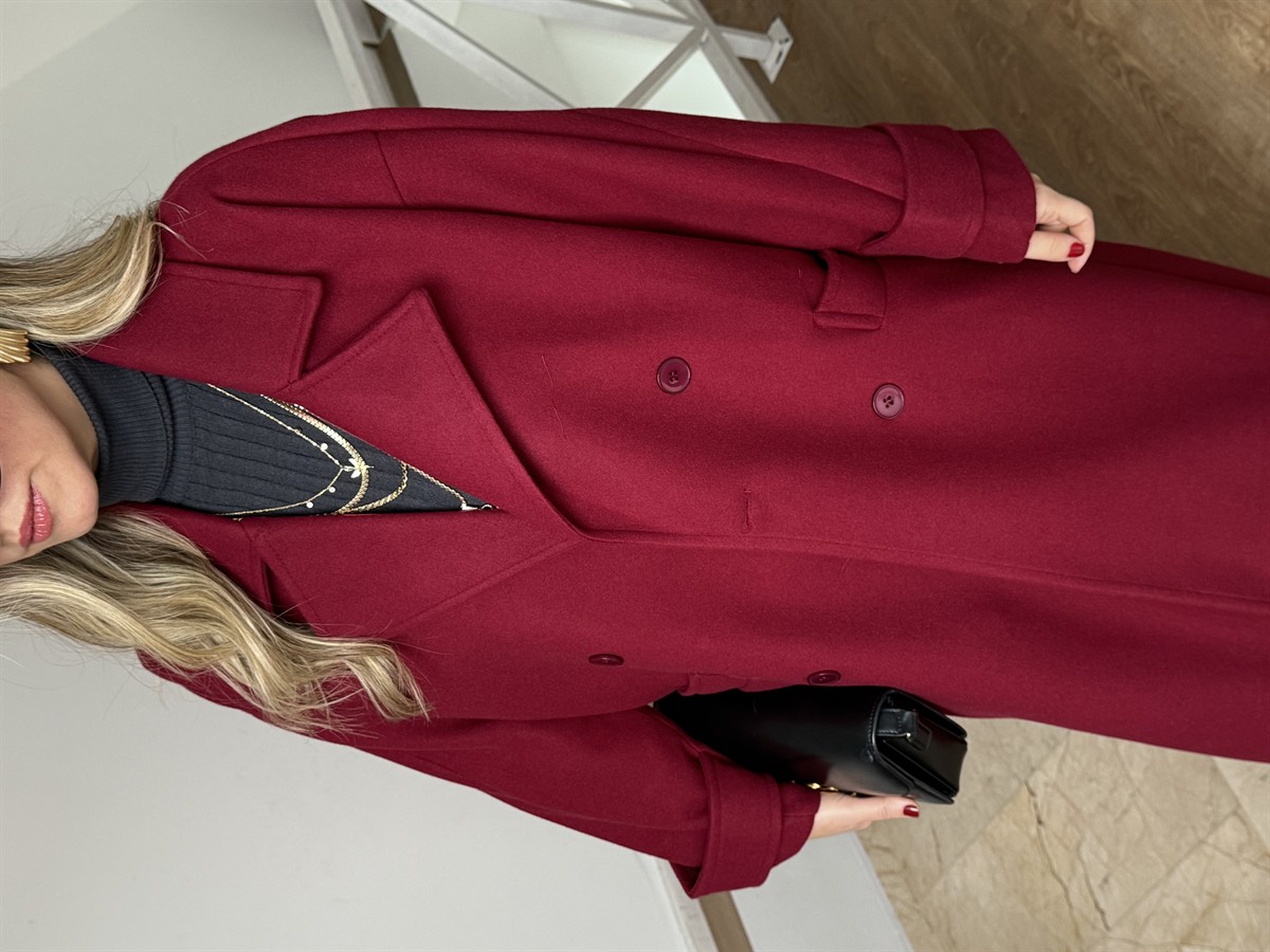 Tokyo Beli Kuşaklı Midi Kaşe Kaban - Bordo