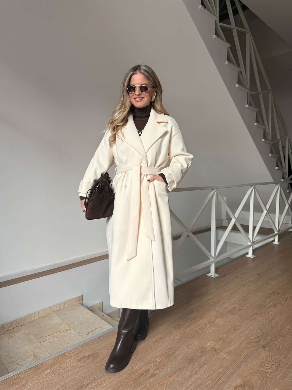 Tokyo Beli Kuşaklı Midi Kaşe Kaban - Ekru