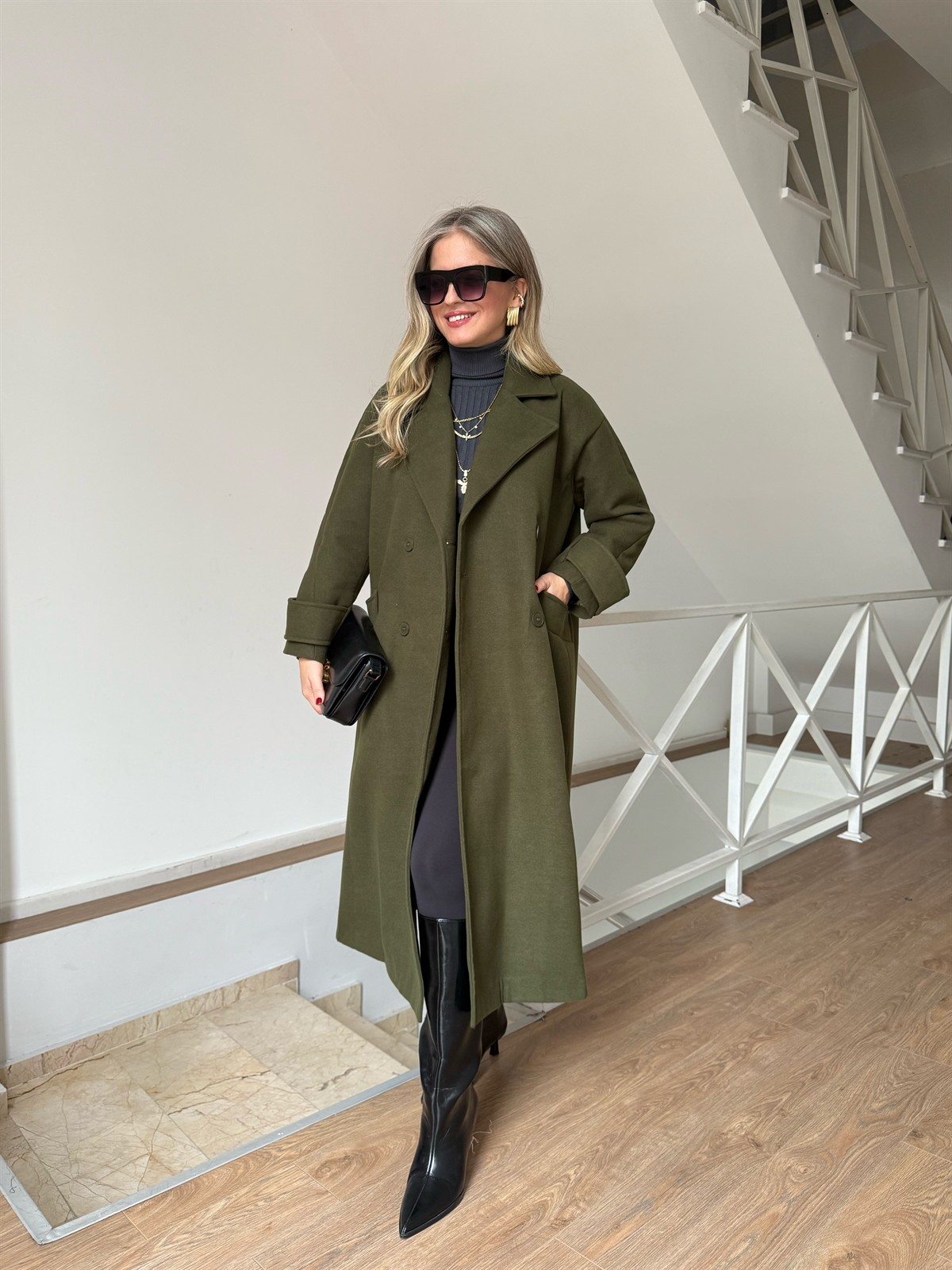 Tokyo Beli Kuşaklı Midi Kaşe Kaban - Haki