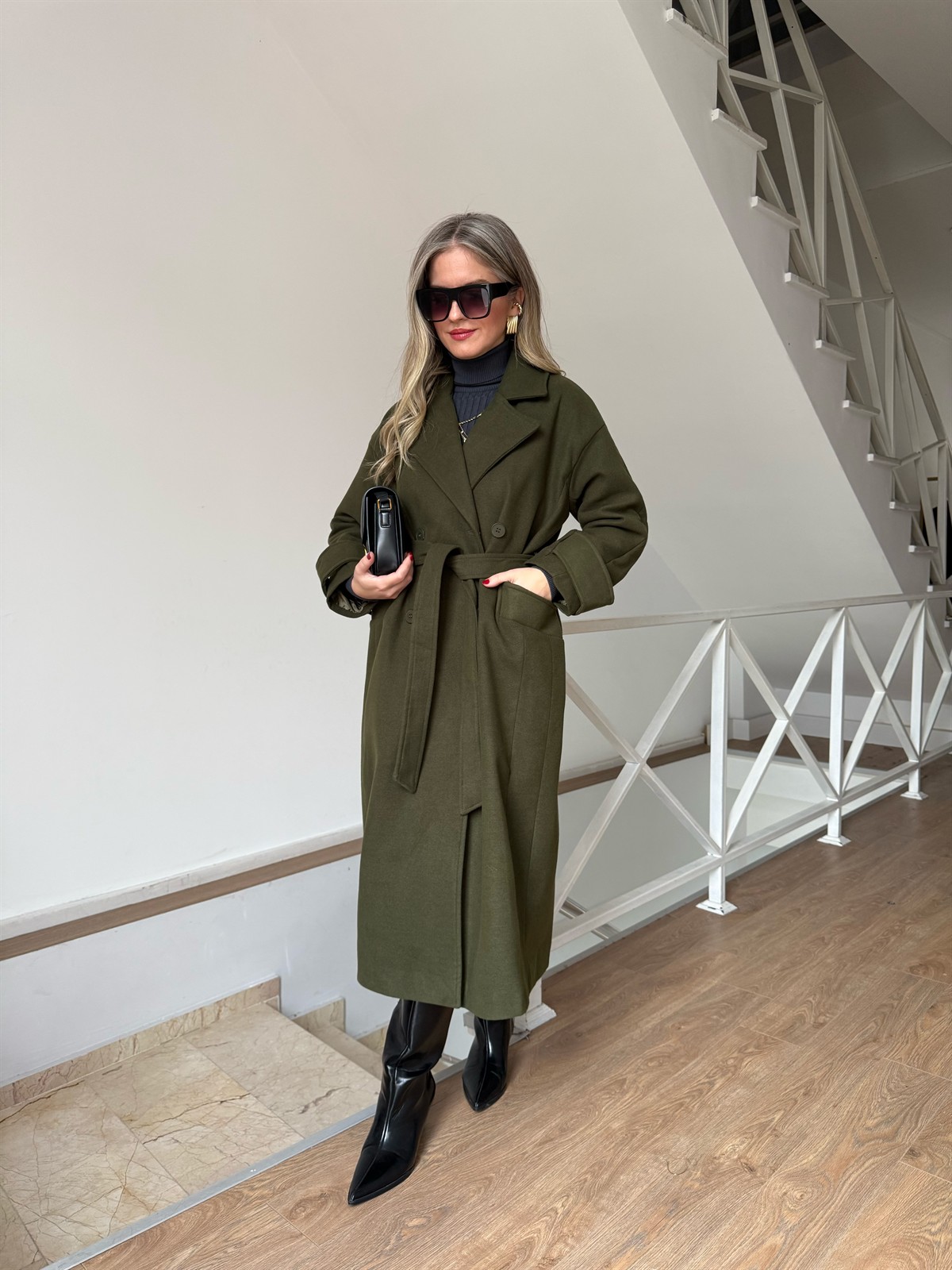 Tokyo Beli Kuşaklı Midi Kaşe Kaban - Haki