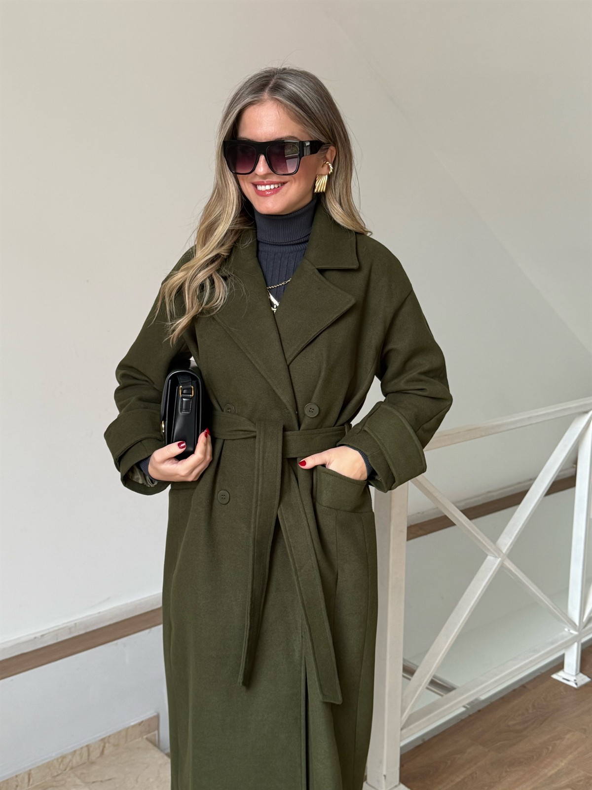 Tokyo Beli Kuşaklı Midi Kaşe Kaban - Haki