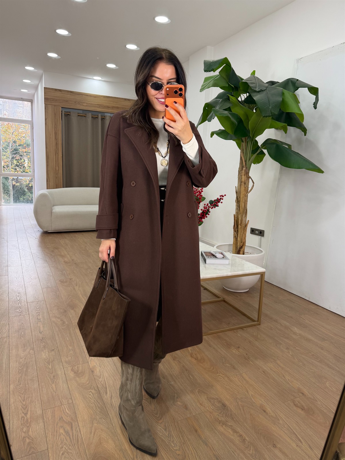 Tokyo Beli Kuşaklı Midi Kaşe Kaban - Kahverengi