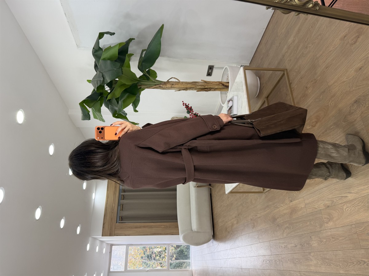 Tokyo Beli Kuşaklı Midi Kaşe Kaban - Kahverengi
