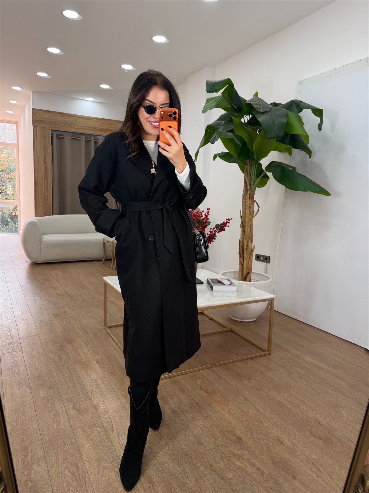 Tokyo Beli Kuşaklı Midi Kaşe Kaban - Siyah