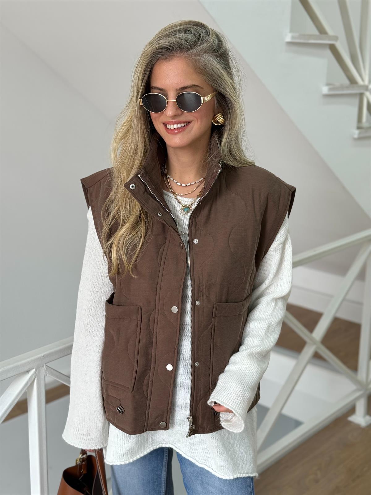 Torba Cepli Kapitone Yelek - Kahverengi