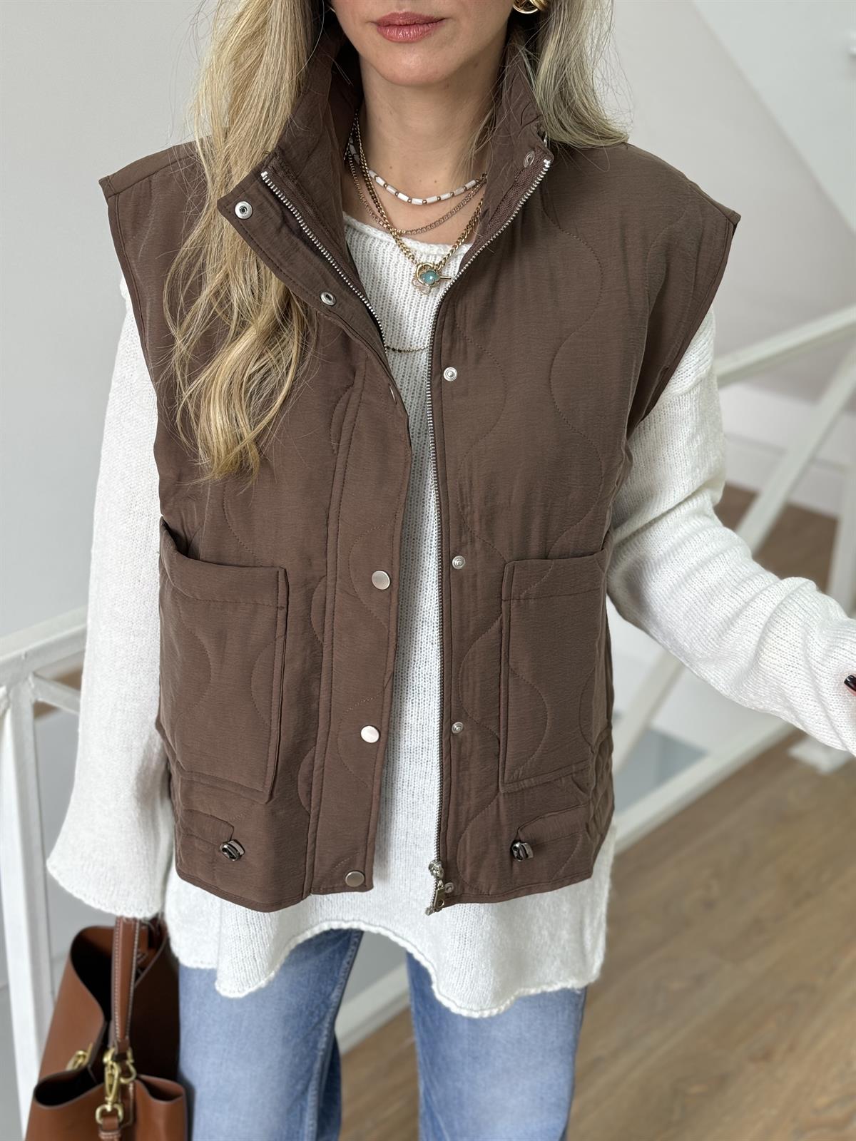 Torba Cepli Kapitone Yelek - Kahverengi