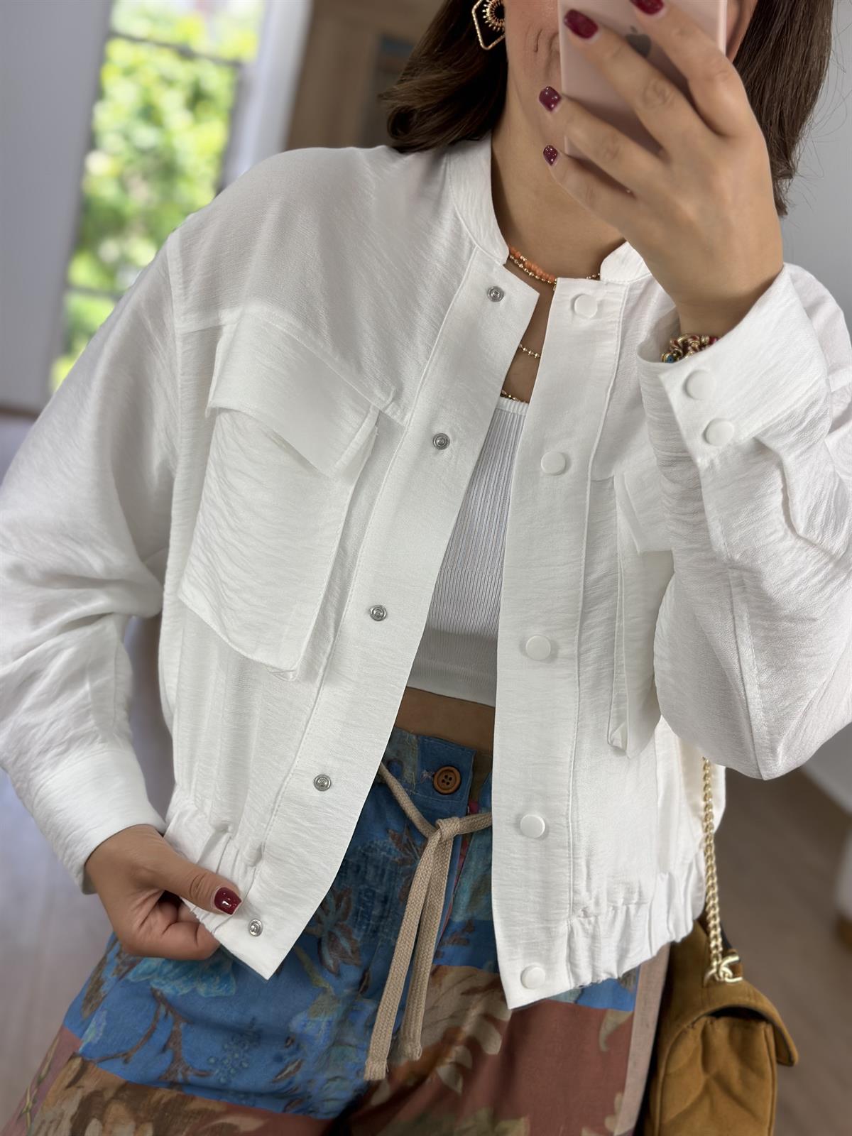 Torba Cepli Keten Bomber Ceket-Beyaz