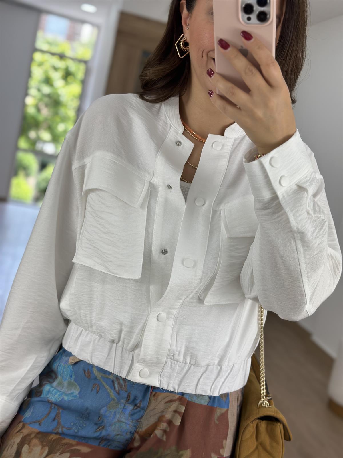 Torba Cepli Keten Bomber Ceket-Beyaz