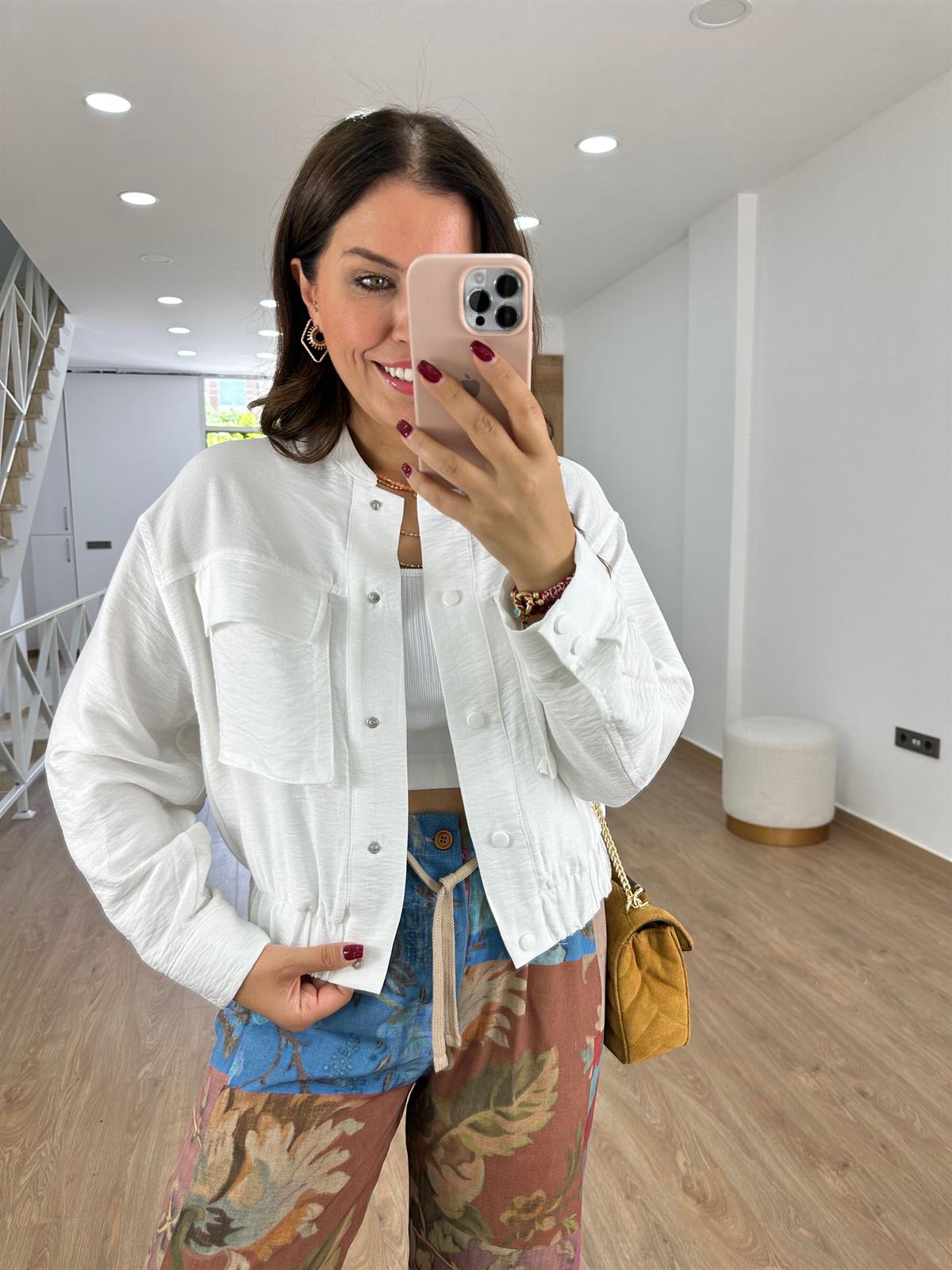 Torba Cepli Keten Bomber Ceket-Beyaz