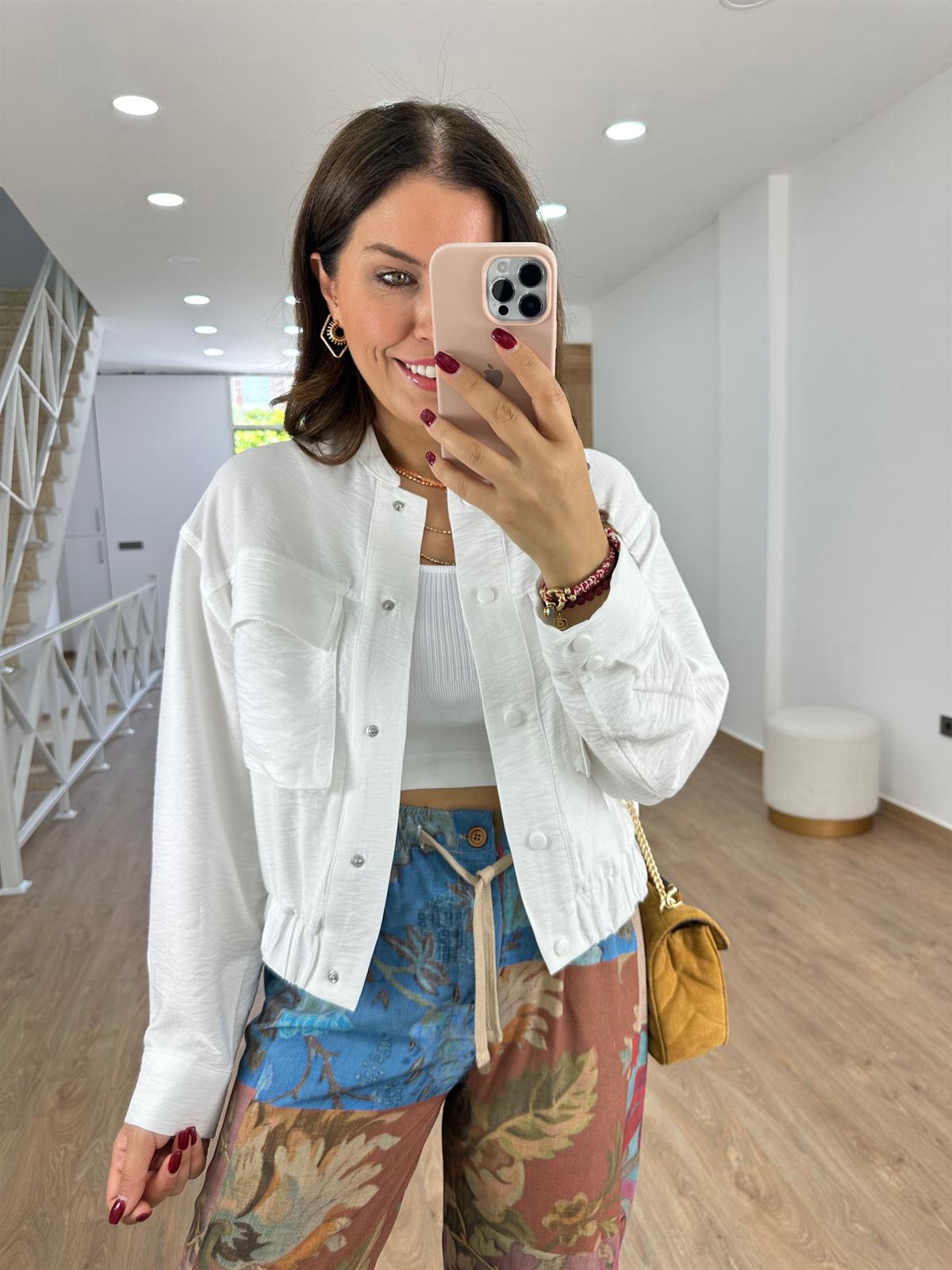 Torba Cepli Keten Bomber Ceket-Beyaz