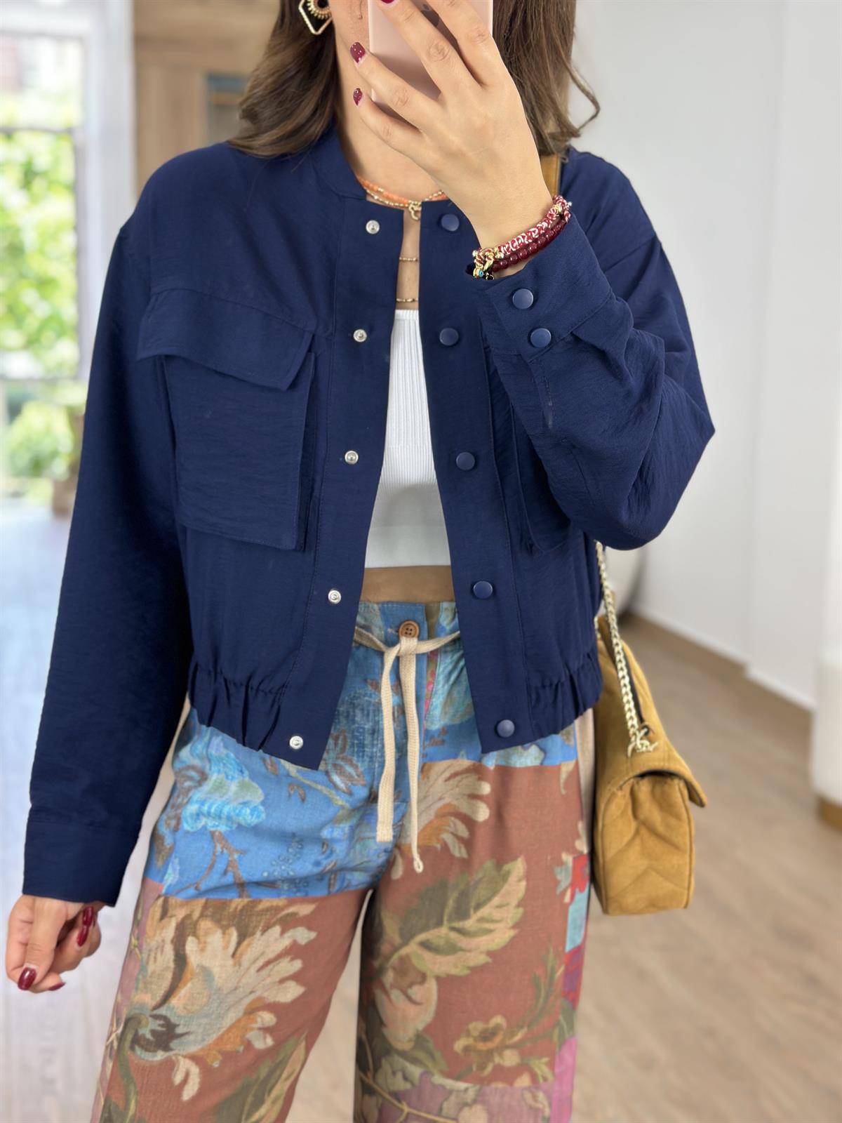 Torba Cepli Keten Bomber Ceket-Lacivert