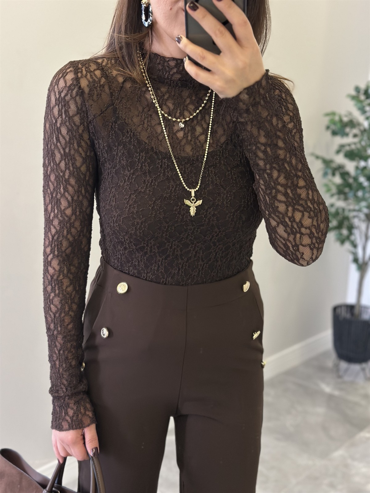 Likralı Dantel Bluz - Kahverengi