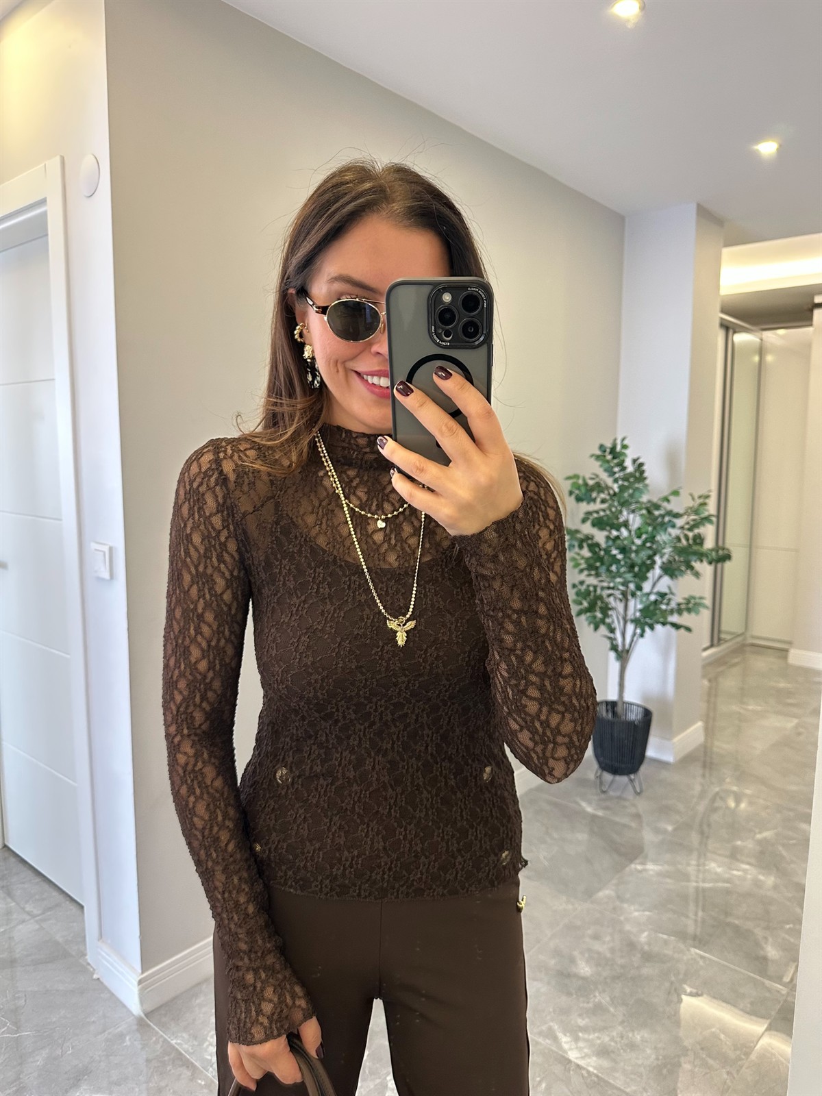 Likralı Dantel Bluz - Kahverengi