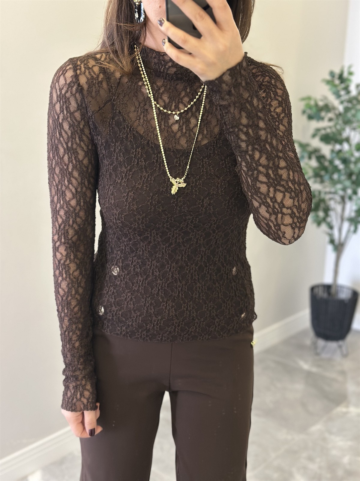 Likralı Dantel Bluz - Kahverengi