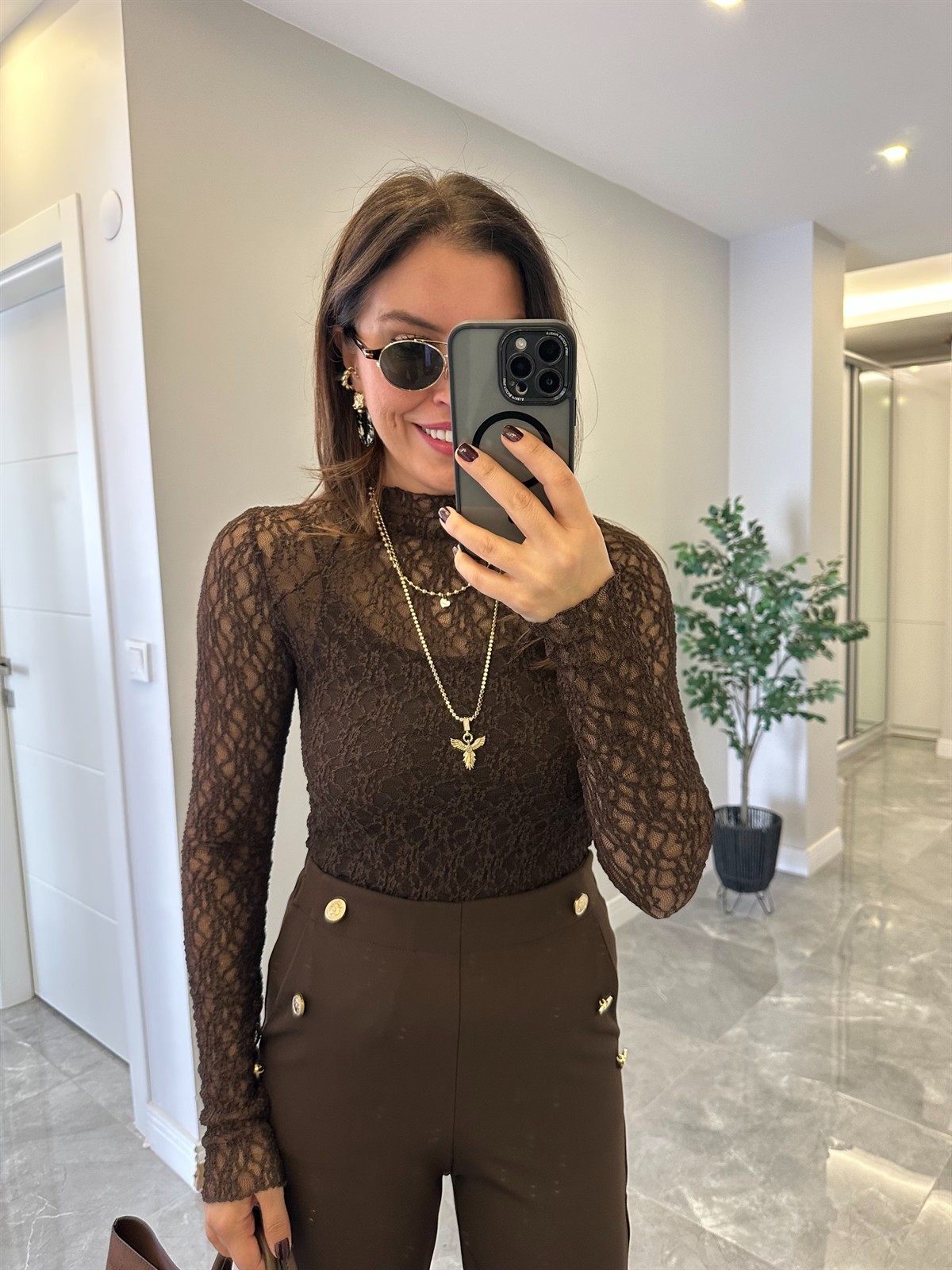 Likralı Dantel Bluz - Kahverengi