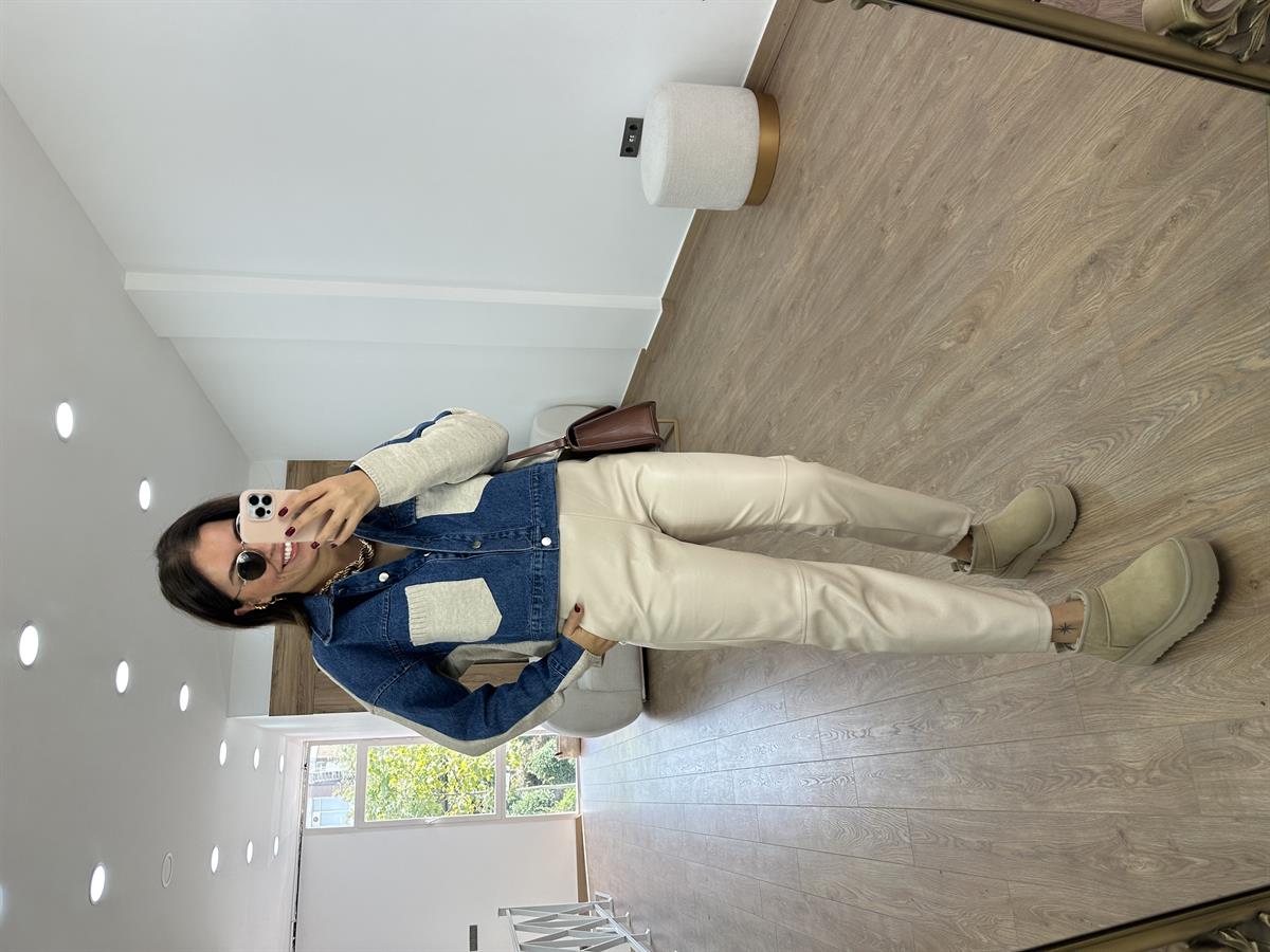 Triko Detaylı Denim Ceket