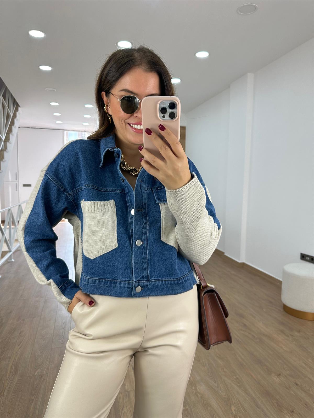 Triko Detaylı Denim Ceket