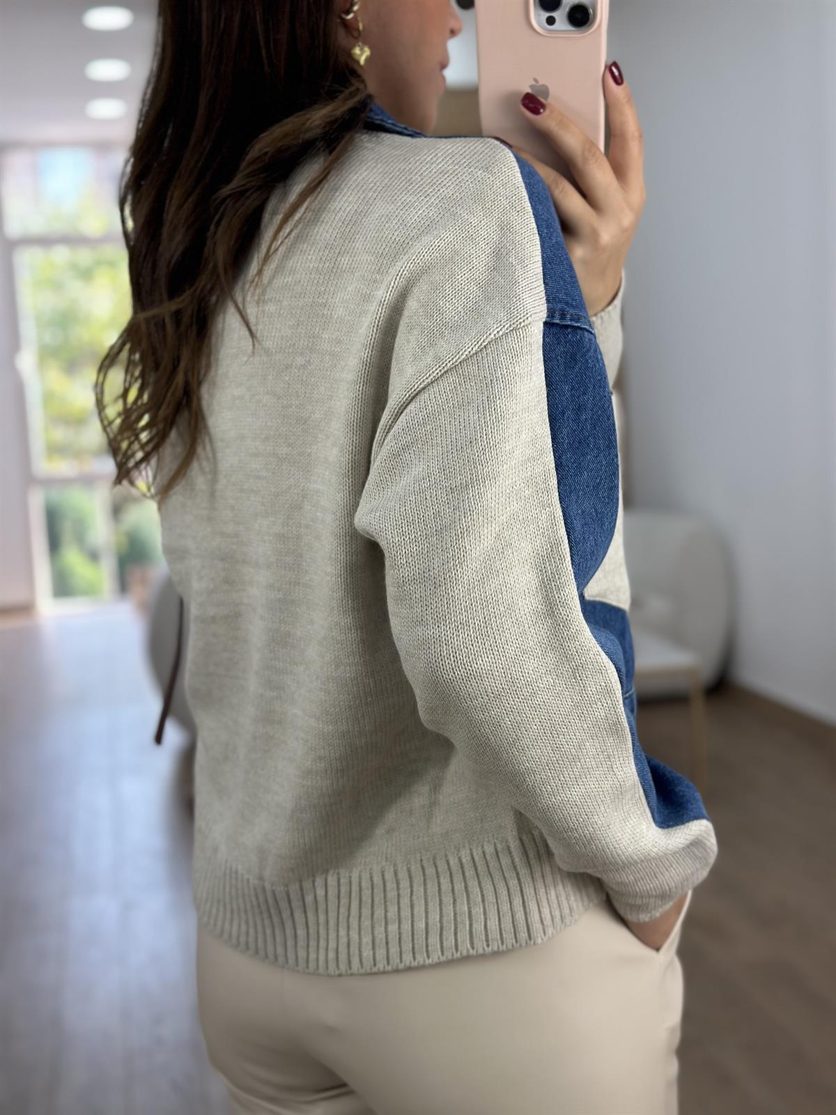 Triko Detaylı Denim Ceket