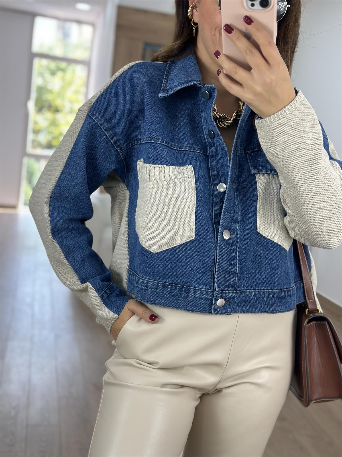 Triko Detaylı Denim Ceket