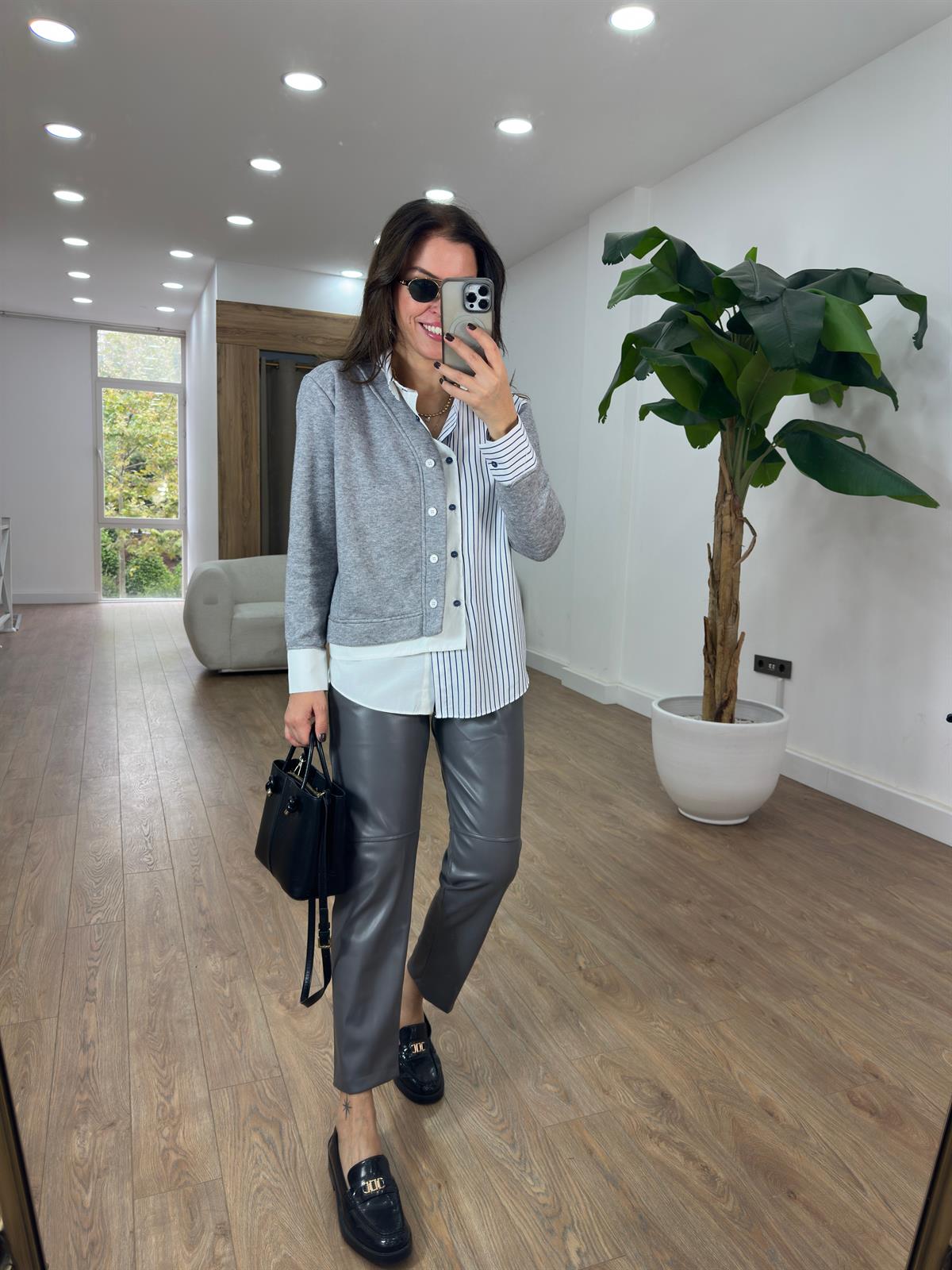 Triko Detaylı Gömlek - Gri