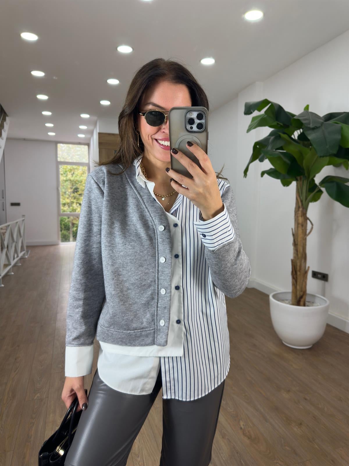 Triko Detaylı Gömlek - Gri