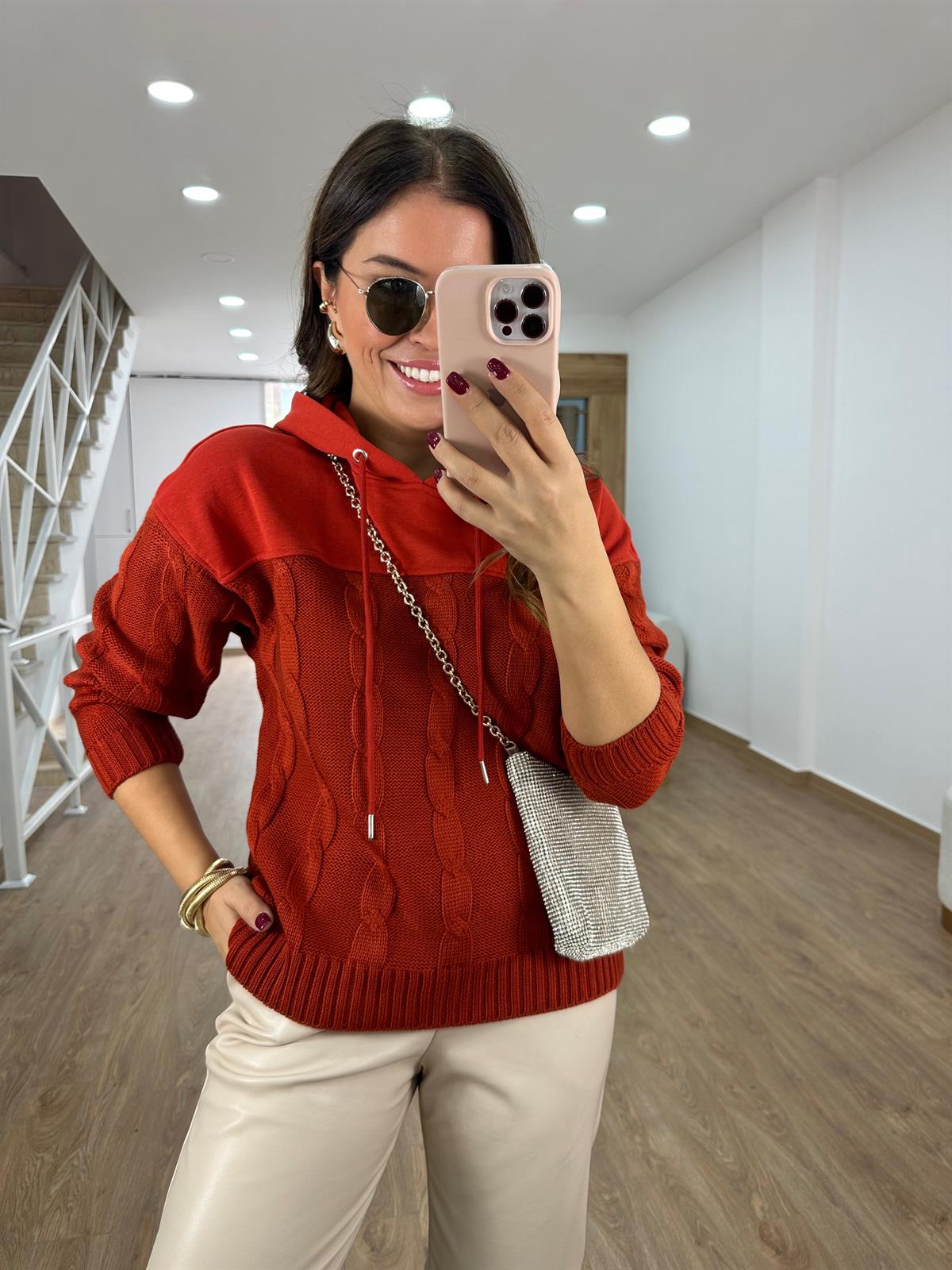 Triko Detaylı Kapüşonlu Sweatshirt-Nar Çiçeği