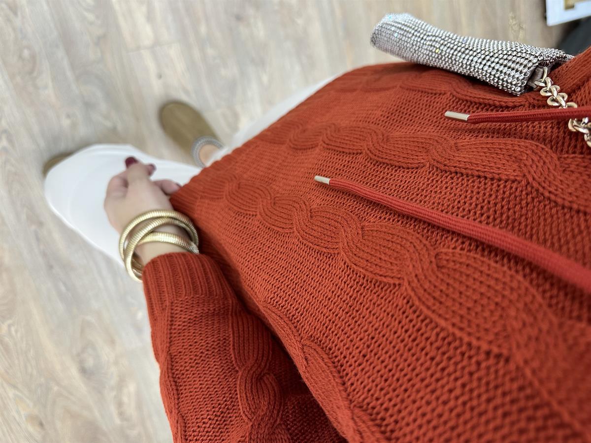 Triko Detaylı Kapüşonlu Sweatshirt-Nar Çiçeği