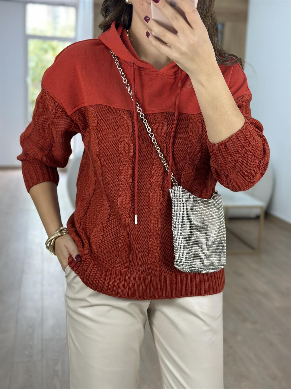 Triko Detaylı Kapüşonlu Sweatshirt-Nar Çiçeği